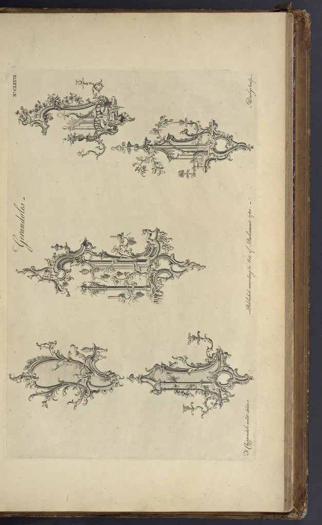 An illustration from The gentleman and cabinet-maker's director : being a large collection of the most elegant and useful designs of household furniture, in the most fashionable taste : including a great variety of chairs, cofas, beds, and couches : china-tables, dressing-tables, shaving-tables, bason-stands, and teakettle-stands : frames for marble-slabs, bureau-dressing-tables, and commodes : writing-tables, and library-tables : library-book-cases, organ-cases for private rooms, or churches, desks, and book-cases : dressing and writing-tables with book-cases, toilets, cabinets, and cloaths-presses : china-cases, china-shelves, and book-shelves : candle-stands, terms for busts, stands for china jars, and pedestals : cisterns for water, lanthorns, and chandeliers : fire-screens, brackets, and clock-cases : pier-glasses, and table-frames : girandoles, chimney-pieces, and picture-frames : stove-grates, boarders, frets, Chinese-railing, and brass-work, for furniture : and other ornaments : to which is prefixed, a short explanation of the five orders of architecture : with proper directions for executing the most difficult pieces, the mouldings being exhibited at large, and the dimensions of each design specified : the whole comprehended in two hundred copper-plates, neatly engraved ..., 1762, leaf 380