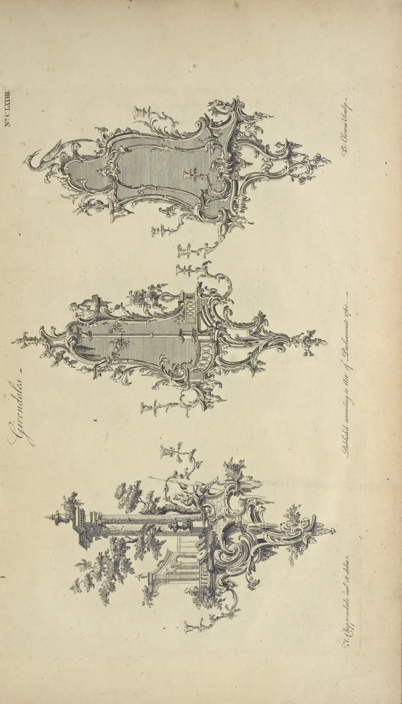 An illustration from The gentleman and cabinet-maker's director : being a large collection of the most elegant and useful designs of household furniture, in the most fashionable taste : including a great variety of chairs, cofas, beds, and couches : china-tables, dressing-tables, shaving-tables, bason-stands, and teakettle-stands : frames for marble-slabs, bureau-dressing-tables, and commodes : writing-tables, and library-tables : library-book-cases, organ-cases for private rooms, or churches, desks, and book-cases : dressing and writing-tables with book-cases, toilets, cabinets, and cloaths-presses : china-cases, china-shelves, and book-shelves : candle-stands, terms for busts, stands for china jars, and pedestals : cisterns for water, lanthorns, and chandeliers : fire-screens, brackets, and clock-cases : pier-glasses, and table-frames : girandoles, chimney-pieces, and picture-frames : stove-grates, boarders, frets, Chinese-railing, and brass-work, for furniture : and other ornaments : to which is prefixed, a short explanation of the five orders of architecture : with proper directions for executing the most difficult pieces, the mouldings being exhibited at large, and the dimensions of each design specified : the whole comprehended in two hundred copper-plates, neatly engraved ..., 1762, leaf 382