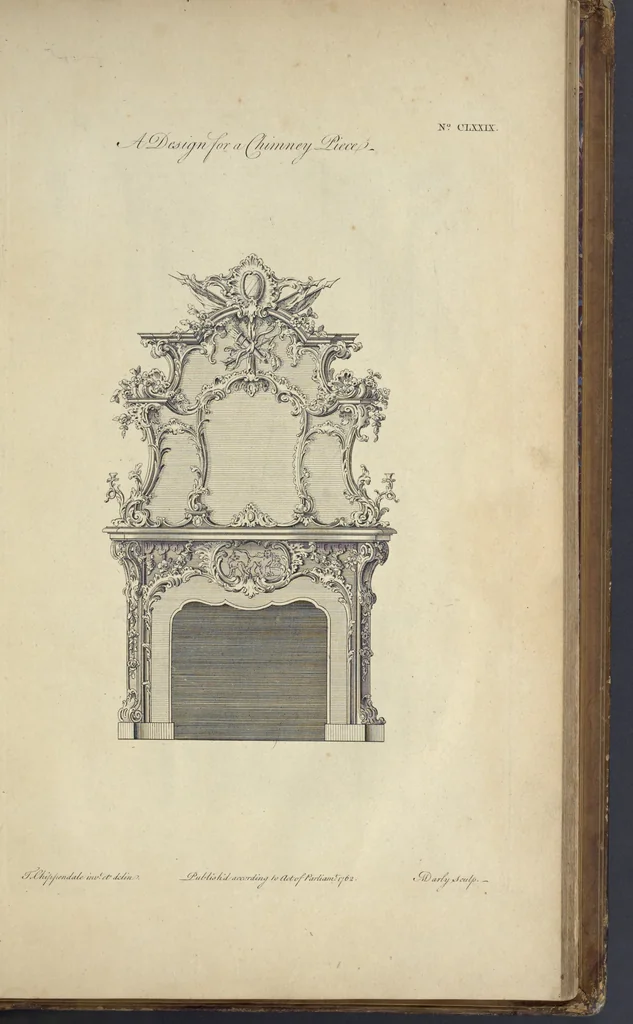 An illustration from The gentleman and cabinet-maker's director : being a large collection of the most elegant and useful designs of household furniture, in the most fashionable taste : including a great variety of chairs, cofas, beds, and couches : china-tables, dressing-tables, shaving-tables, bason-stands, and teakettle-stands : frames for marble-slabs, bureau-dressing-tables, and commodes : writing-tables, and library-tables : library-book-cases, organ-cases for private rooms, or churches, desks, and book-cases : dressing and writing-tables with book-cases, toilets, cabinets, and cloaths-presses : china-cases, china-shelves, and book-shelves : candle-stands, terms for busts, stands for china jars, and pedestals : cisterns for water, lanthorns, and chandeliers : fire-screens, brackets, and clock-cases : pier-glasses, and table-frames : girandoles, chimney-pieces, and picture-frames : stove-grates, boarders, frets, Chinese-railing, and brass-work, for furniture : and other ornaments : to which is prefixed, a short explanation of the five orders of architecture : with proper directions for executing the most difficult pieces, the mouldings being exhibited at large, and the dimensions of each design specified : the whole comprehended in two hundred copper-plates, neatly engraved ..., 1762, leaf 384