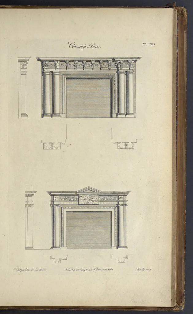 An illustration from The gentleman and cabinet-maker's director : being a large collection of the most elegant and useful designs of household furniture, in the most fashionable taste : including a great variety of chairs, cofas, beds, and couches : china-tables, dressing-tables, shaving-tables, bason-stands, and teakettle-stands : frames for marble-slabs, bureau-dressing-tables, and commodes : writing-tables, and library-tables : library-book-cases, organ-cases for private rooms, or churches, desks, and book-cases : dressing and writing-tables with book-cases, toilets, cabinets, and cloaths-presses : china-cases, china-shelves, and book-shelves : candle-stands, terms for busts, stands for china jars, and pedestals : cisterns for water, lanthorns, and chandeliers : fire-screens, brackets, and clock-cases : pier-glasses, and table-frames : girandoles, chimney-pieces, and picture-frames : stove-grates, boarders, frets, Chinese-railing, and brass-work, for furniture : and other ornaments : to which is prefixed, a short explanation of the five orders of architecture : with proper directions for executing the most difficult pieces, the mouldings being exhibited at large, and the dimensions of each design specified : the whole comprehended in two hundred copper-plates, neatly engraved ..., 1762, leaf 386