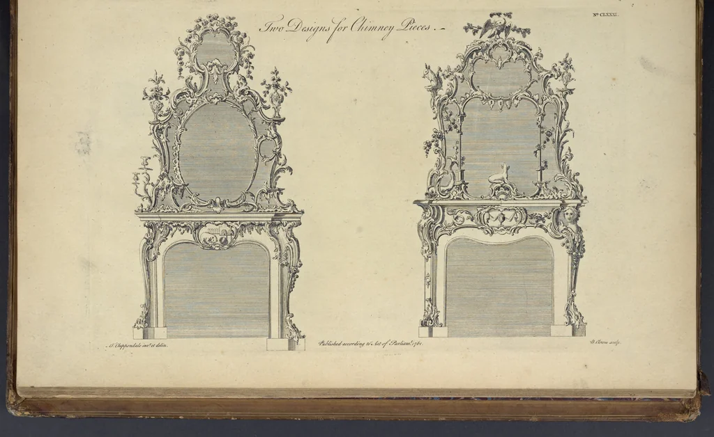 An illustration from The gentleman and cabinet-maker's director : being a large collection of the most elegant and useful designs of household furniture, in the most fashionable taste : including a great variety of chairs, cofas, beds, and couches : china-tables, dressing-tables, shaving-tables, bason-stands, and teakettle-stands : frames for marble-slabs, bureau-dressing-tables, and commodes : writing-tables, and library-tables : library-book-cases, organ-cases for private rooms, or churches, desks, and book-cases : dressing and writing-tables with book-cases, toilets, cabinets, and cloaths-presses : china-cases, china-shelves, and book-shelves : candle-stands, terms for busts, stands for china jars, and pedestals : cisterns for water, lanthorns, and chandeliers : fire-screens, brackets, and clock-cases : pier-glasses, and table-frames : girandoles, chimney-pieces, and picture-frames : stove-grates, boarders, frets, Chinese-railing, and brass-work, for furniture : and other ornaments : to which is prefixed, a short explanation of the five orders of architecture : with proper directions for executing the most difficult pieces, the mouldings being exhibited at large, and the dimensions of each design specified : the whole comprehended in two hundred copper-plates, neatly engraved ..., 1762, leaf 388