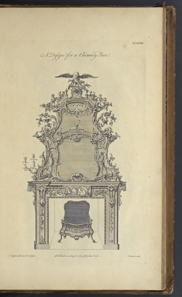 An illustration from The gentleman and cabinet-maker's director : being a large collection of the most elegant and useful designs of household furniture, in the most fashionable taste : including a great variety of chairs, cofas, beds, and couches : china-tables, dressing-tables, shaving-tables, bason-stands, and teakettle-stands : frames for marble-slabs, bureau-dressing-tables, and commodes : writing-tables, and library-tables : library-book-cases, organ-cases for private rooms, or churches, desks, and book-cases : dressing and writing-tables with book-cases, toilets, cabinets, and cloaths-presses : china-cases, china-shelves, and book-shelves : candle-stands, terms for busts, stands for china jars, and pedestals : cisterns for water, lanthorns, and chandeliers : fire-screens, brackets, and clock-cases : pier-glasses, and table-frames : girandoles, chimney-pieces, and picture-frames : stove-grates, boarders, frets, Chinese-railing, and brass-work, for furniture : and other ornaments : to which is prefixed, a short explanation of the five orders of architecture : with proper directions for executing the most difficult pieces, the mouldings being exhibited at large, and the dimensions of each design specified : the whole comprehended in two hundred copper-plates, neatly engraved ..., 1762, leaf 390