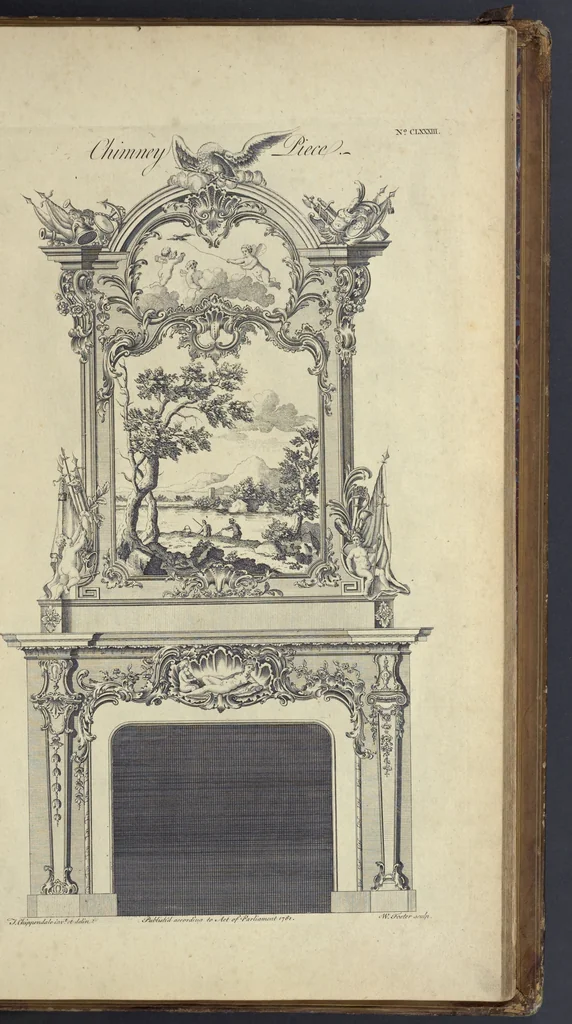 An illustration from The gentleman and cabinet-maker's director : being a large collection of the most elegant and useful designs of household furniture, in the most fashionable taste : including a great variety of chairs, cofas, beds, and couches : china-tables, dressing-tables, shaving-tables, bason-stands, and teakettle-stands : frames for marble-slabs, bureau-dressing-tables, and commodes : writing-tables, and library-tables : library-book-cases, organ-cases for private rooms, or churches, desks, and book-cases : dressing and writing-tables with book-cases, toilets, cabinets, and cloaths-presses : china-cases, china-shelves, and book-shelves : candle-stands, terms for busts, stands for china jars, and pedestals : cisterns for water, lanthorns, and chandeliers : fire-screens, brackets, and clock-cases : pier-glasses, and table-frames : girandoles, chimney-pieces, and picture-frames : stove-grates, boarders, frets, Chinese-railing, and brass-work, for furniture : and other ornaments : to which is prefixed, a short explanation of the five orders of architecture : with proper directions for executing the most difficult pieces, the mouldings being exhibited at large, and the dimensions of each design specified : the whole comprehended in two hundred copper-plates, neatly engraved ..., 1762, leaf 392