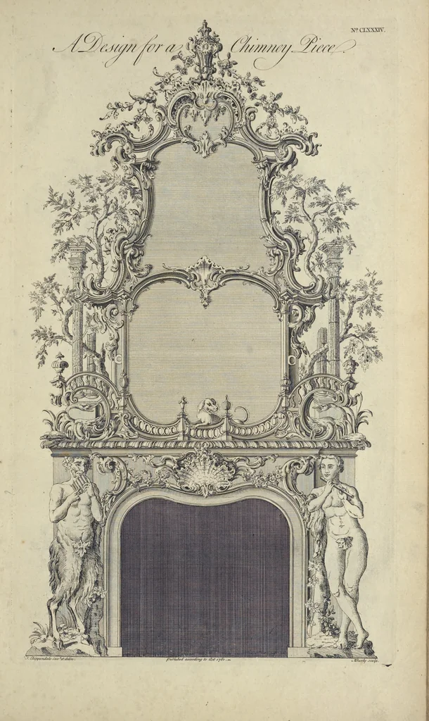 An illustration from The gentleman and cabinet-maker's director : being a large collection of the most elegant and useful designs of household furniture, in the most fashionable taste : including a great variety of chairs, cofas, beds, and couches : china-tables, dressing-tables, shaving-tables, bason-stands, and teakettle-stands : frames for marble-slabs, bureau-dressing-tables, and commodes : writing-tables, and library-tables : library-book-cases, organ-cases for private rooms, or churches, desks, and book-cases : dressing and writing-tables with book-cases, toilets, cabinets, and cloaths-presses : china-cases, china-shelves, and book-shelves : candle-stands, terms for busts, stands for china jars, and pedestals : cisterns for water, lanthorns, and chandeliers : fire-screens, brackets, and clock-cases : pier-glasses, and table-frames : girandoles, chimney-pieces, and picture-frames : stove-grates, boarders, frets, Chinese-railing, and brass-work, for furniture : and other ornaments : to which is prefixed, a short explanation of the five orders of architecture : with proper directions for executing the most difficult pieces, the mouldings being exhibited at large, and the dimensions of each design specified : the whole comprehended in two hundred copper-plates, neatly engraved ..., 1762, leaf 394