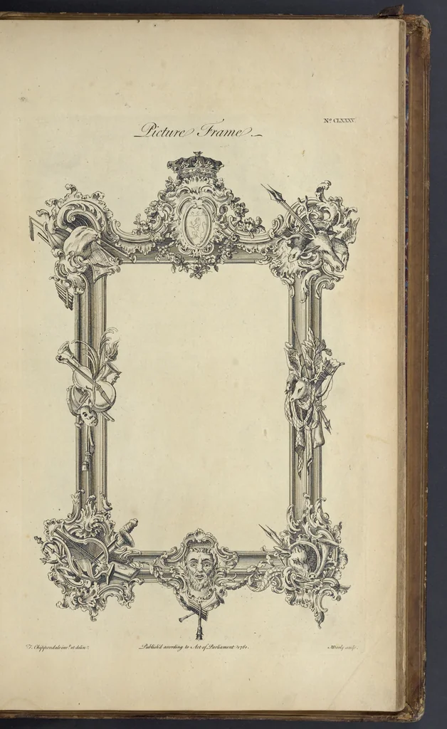 An illustration from The gentleman and cabinet-maker's director : being a large collection of the most elegant and useful designs of household furniture, in the most fashionable taste : including a great variety of chairs, cofas, beds, and couches : china-tables, dressing-tables, shaving-tables, bason-stands, and teakettle-stands : frames for marble-slabs, bureau-dressing-tables, and commodes : writing-tables, and library-tables : library-book-cases, organ-cases for private rooms, or churches, desks, and book-cases : dressing and writing-tables with book-cases, toilets, cabinets, and cloaths-presses : china-cases, china-shelves, and book-shelves : candle-stands, terms for busts, stands for china jars, and pedestals : cisterns for water, lanthorns, and chandeliers : fire-screens, brackets, and clock-cases : pier-glasses, and table-frames : girandoles, chimney-pieces, and picture-frames : stove-grates, boarders, frets, Chinese-railing, and brass-work, for furniture : and other ornaments : to which is prefixed, a short explanation of the five orders of architecture : with proper directions for executing the most difficult pieces, the mouldings being exhibited at large, and the dimensions of each design specified : the whole comprehended in two hundred copper-plates, neatly engraved ..., 1762, leaf 396