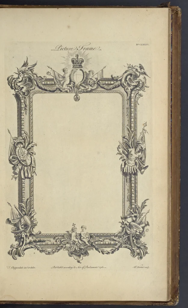 An illustration from The gentleman and cabinet-maker's director : being a large collection of the most elegant and useful designs of household furniture, in the most fashionable taste : including a great variety of chairs, cofas, beds, and couches : china-tables, dressing-tables, shaving-tables, bason-stands, and teakettle-stands : frames for marble-slabs, bureau-dressing-tables, and commodes : writing-tables, and library-tables : library-book-cases, organ-cases for private rooms, or churches, desks, and book-cases : dressing and writing-tables with book-cases, toilets, cabinets, and cloaths-presses : china-cases, china-shelves, and book-shelves : candle-stands, terms for busts, stands for china jars, and pedestals : cisterns for water, lanthorns, and chandeliers : fire-screens, brackets, and clock-cases : pier-glasses, and table-frames : girandoles, chimney-pieces, and picture-frames : stove-grates, boarders, frets, Chinese-railing, and brass-work, for furniture : and other ornaments : to which is prefixed, a short explanation of the five orders of architecture : with proper directions for executing the most difficult pieces, the mouldings being exhibited at large, and the dimensions of each design specified : the whole comprehended in two hundred copper-plates, neatly engraved ..., 1762, leaf 398