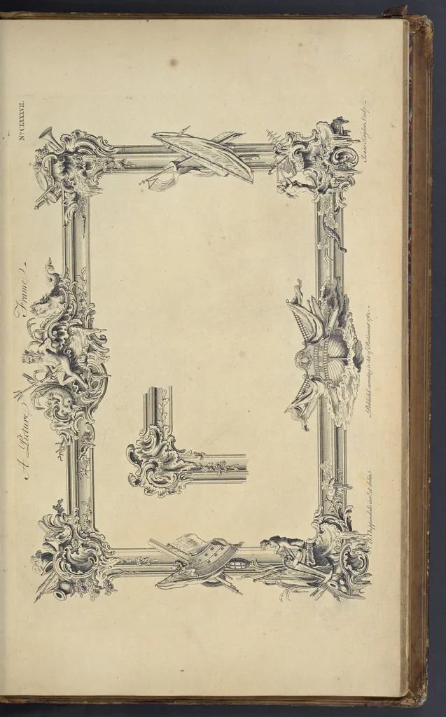 An illustration from The gentleman and cabinet-maker's director : being a large collection of the most elegant and useful designs of household furniture, in the most fashionable taste : including a great variety of chairs, cofas, beds, and couches : china-tables, dressing-tables, shaving-tables, bason-stands, and teakettle-stands : frames for marble-slabs, bureau-dressing-tables, and commodes : writing-tables, and library-tables : library-book-cases, organ-cases for private rooms, or churches, desks, and book-cases : dressing and writing-tables with book-cases, toilets, cabinets, and cloaths-presses : china-cases, china-shelves, and book-shelves : candle-stands, terms for busts, stands for china jars, and pedestals : cisterns for water, lanthorns, and chandeliers : fire-screens, brackets, and clock-cases : pier-glasses, and table-frames : girandoles, chimney-pieces, and picture-frames : stove-grates, boarders, frets, Chinese-railing, and brass-work, for furniture : and other ornaments : to which is prefixed, a short explanation of the five orders of architecture : with proper directions for executing the most difficult pieces, the mouldings being exhibited at large, and the dimensions of each design specified : the whole comprehended in two hundred copper-plates, neatly engraved ..., 1762, leaf 400