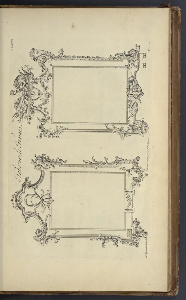 An illustration from The gentleman and cabinet-maker's director : being a large collection of the most elegant and useful designs of household furniture, in the most fashionable taste : including a great variety of chairs, cofas, beds, and couches : china-tables, dressing-tables, shaving-tables, bason-stands, and teakettle-stands : frames for marble-slabs, bureau-dressing-tables, and commodes : writing-tables, and library-tables : library-book-cases, organ-cases for private rooms, or churches, desks, and book-cases : dressing and writing-tables with book-cases, toilets, cabinets, and cloaths-presses : china-cases, china-shelves, and book-shelves : candle-stands, terms for busts, stands for china jars, and pedestals : cisterns for water, lanthorns, and chandeliers : fire-screens, brackets, and clock-cases : pier-glasses, and table-frames : girandoles, chimney-pieces, and picture-frames : stove-grates, boarders, frets, Chinese-railing, and brass-work, for furniture : and other ornaments : to which is prefixed, a short explanation of the five orders of architecture : with proper directions for executing the most difficult pieces, the mouldings being exhibited at large, and the dimensions of each design specified : the whole comprehended in two hundred copper-plates, neatly engraved ..., 1762, leaf 402