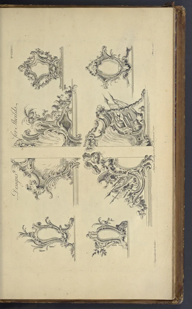 An illustration from The gentleman and cabinet-maker's director : being a large collection of the most elegant and useful designs of household furniture, in the most fashionable taste : including a great variety of chairs, cofas, beds, and couches : china-tables, dressing-tables, shaving-tables, bason-stands, and teakettle-stands : frames for marble-slabs, bureau-dressing-tables, and commodes : writing-tables, and library-tables : library-book-cases, organ-cases for private rooms, or churches, desks, and book-cases : dressing and writing-tables with book-cases, toilets, cabinets, and cloaths-presses : china-cases, china-shelves, and book-shelves : candle-stands, terms for busts, stands for china jars, and pedestals : cisterns for water, lanthorns, and chandeliers : fire-screens, brackets, and clock-cases : pier-glasses, and table-frames : girandoles, chimney-pieces, and picture-frames : stove-grates, boarders, frets, Chinese-railing, and brass-work, for furniture : and other ornaments : to which is prefixed, a short explanation of the five orders of architecture : with proper directions for executing the most difficult pieces, the mouldings being exhibited at large, and the dimensions of each design specified : the whole comprehended in two hundred copper-plates, neatly engraved ..., 1762, leaf 404