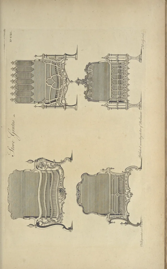 An illustration from The gentleman and cabinet-maker's director : being a large collection of the most elegant and useful designs of household furniture, in the most fashionable taste : including a great variety of chairs, cofas, beds, and couches : china-tables, dressing-tables, shaving-tables, bason-stands, and teakettle-stands : frames for marble-slabs, bureau-dressing-tables, and commodes : writing-tables, and library-tables : library-book-cases, organ-cases for private rooms, or churches, desks, and book-cases : dressing and writing-tables with book-cases, toilets, cabinets, and cloaths-presses : china-cases, china-shelves, and book-shelves : candle-stands, terms for busts, stands for china jars, and pedestals : cisterns for water, lanthorns, and chandeliers : fire-screens, brackets, and clock-cases : pier-glasses, and table-frames : girandoles, chimney-pieces, and picture-frames : stove-grates, boarders, frets, Chinese-railing, and brass-work, for furniture : and other ornaments : to which is prefixed, a short explanation of the five orders of architecture : with proper directions for executing the most difficult pieces, the mouldings being exhibited at large, and the dimensions of each design specified : the whole comprehended in two hundred copper-plates, neatly engraved ..., 1762, leaf 406
