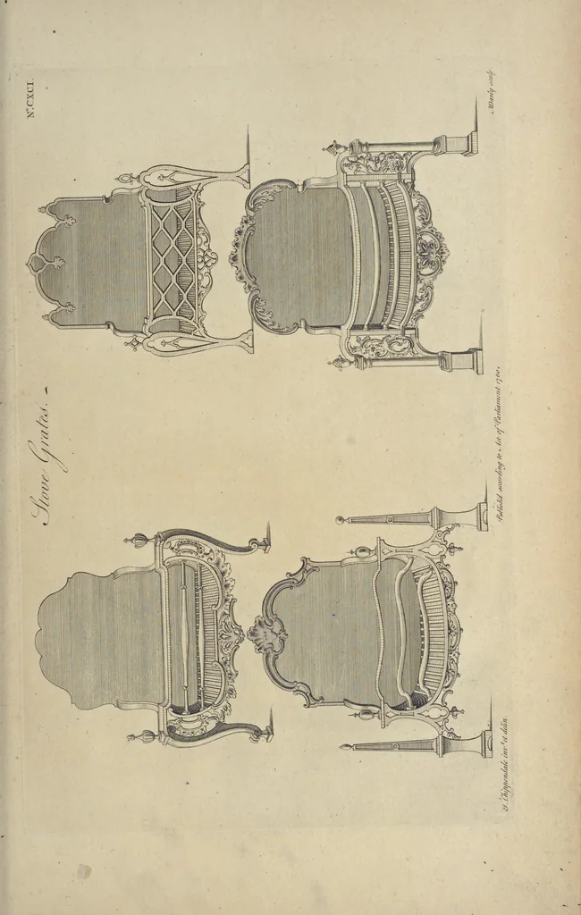 An illustration from The gentleman and cabinet-maker's director : being a large collection of the most elegant and useful designs of household furniture, in the most fashionable taste : including a great variety of chairs, cofas, beds, and couches : china-tables, dressing-tables, shaving-tables, bason-stands, and teakettle-stands : frames for marble-slabs, bureau-dressing-tables, and commodes : writing-tables, and library-tables : library-book-cases, organ-cases for private rooms, or churches, desks, and book-cases : dressing and writing-tables with book-cases, toilets, cabinets, and cloaths-presses : china-cases, china-shelves, and book-shelves : candle-stands, terms for busts, stands for china jars, and pedestals : cisterns for water, lanthorns, and chandeliers : fire-screens, brackets, and clock-cases : pier-glasses, and table-frames : girandoles, chimney-pieces, and picture-frames : stove-grates, boarders, frets, Chinese-railing, and brass-work, for furniture : and other ornaments : to which is prefixed, a short explanation of the five orders of architecture : with proper directions for executing the most difficult pieces, the mouldings being exhibited at large, and the dimensions of each design specified : the whole comprehended in two hundred copper-plates, neatly engraved ..., 1762, leaf 408