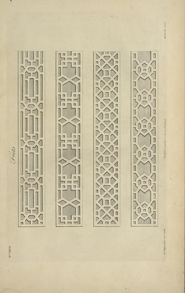 An illustration from The gentleman and cabinet-maker's director : being a large collection of the most elegant and useful designs of household furniture, in the most fashionable taste : including a great variety of chairs, cofas, beds, and couches : china-tables, dressing-tables, shaving-tables, bason-stands, and teakettle-stands : frames for marble-slabs, bureau-dressing-tables, and commodes : writing-tables, and library-tables : library-book-cases, organ-cases for private rooms, or churches, desks, and book-cases : dressing and writing-tables with book-cases, toilets, cabinets, and cloaths-presses : china-cases, china-shelves, and book-shelves : candle-stands, terms for busts, stands for china jars, and pedestals : cisterns for water, lanthorns, and chandeliers : fire-screens, brackets, and clock-cases : pier-glasses, and table-frames : girandoles, chimney-pieces, and picture-frames : stove-grates, boarders, frets, Chinese-railing, and brass-work, for furniture : and other ornaments : to which is prefixed, a short explanation of the five orders of architecture : with proper directions for executing the most difficult pieces, the mouldings being exhibited at large, and the dimensions of each design specified : the whole comprehended in two hundred copper-plates, neatly engraved ..., 1762, leaf 410