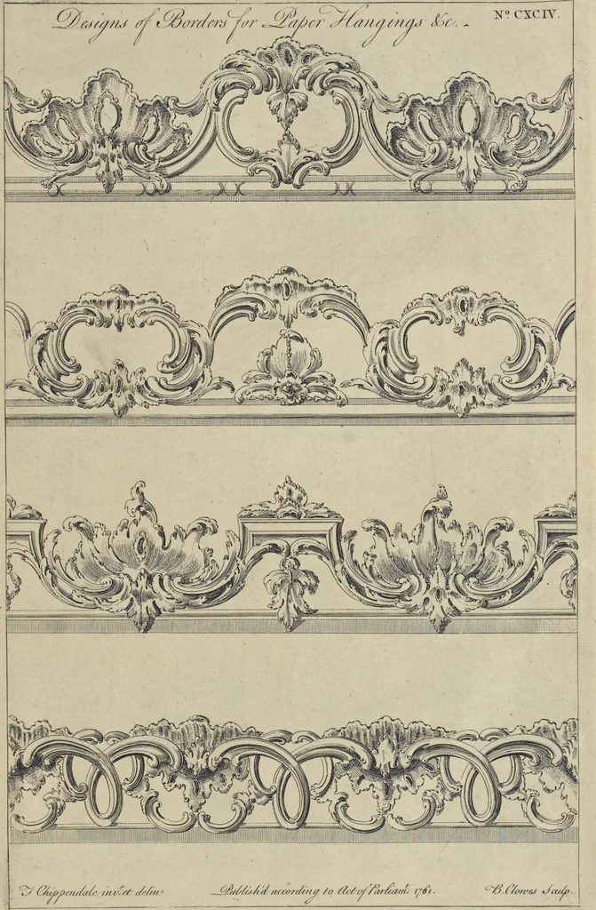 An illustration from The gentleman and cabinet-maker's director : being a large collection of the most elegant and useful designs of household furniture, in the most fashionable taste : including a great variety of chairs, cofas, beds, and couches : china-tables, dressing-tables, shaving-tables, bason-stands, and teakettle-stands : frames for marble-slabs, bureau-dressing-tables, and commodes : writing-tables, and library-tables : library-book-cases, organ-cases for private rooms, or churches, desks, and book-cases : dressing and writing-tables with book-cases, toilets, cabinets, and cloaths-presses : china-cases, china-shelves, and book-shelves : candle-stands, terms for busts, stands for china jars, and pedestals : cisterns for water, lanthorns, and chandeliers : fire-screens, brackets, and clock-cases : pier-glasses, and table-frames : girandoles, chimney-pieces, and picture-frames : stove-grates, boarders, frets, Chinese-railing, and brass-work, for furniture : and other ornaments : to which is prefixed, a short explanation of the five orders of architecture : with proper directions for executing the most difficult pieces, the mouldings being exhibited at large, and the dimensions of each design specified : the whole comprehended in two hundred copper-plates, neatly engraved ..., 1762, leaf 414