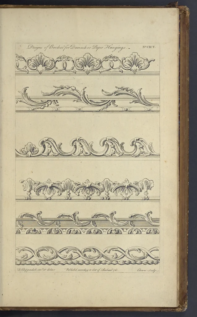 An illustration from The gentleman and cabinet-maker's director : being a large collection of the most elegant and useful designs of household furniture, in the most fashionable taste : including a great variety of chairs, cofas, beds, and couches : china-tables, dressing-tables, shaving-tables, bason-stands, and teakettle-stands : frames for marble-slabs, bureau-dressing-tables, and commodes : writing-tables, and library-tables : library-book-cases, organ-cases for private rooms, or churches, desks, and book-cases : dressing and writing-tables with book-cases, toilets, cabinets, and cloaths-presses : china-cases, china-shelves, and book-shelves : candle-stands, terms for busts, stands for china jars, and pedestals : cisterns for water, lanthorns, and chandeliers : fire-screens, brackets, and clock-cases : pier-glasses, and table-frames : girandoles, chimney-pieces, and picture-frames : stove-grates, boarders, frets, Chinese-railing, and brass-work, for furniture : and other ornaments : to which is prefixed, a short explanation of the five orders of architecture : with proper directions for executing the most difficult pieces, the mouldings being exhibited at large, and the dimensions of each design specified : the whole comprehended in two hundred copper-plates, neatly engraved ..., 1762, leaf 416
