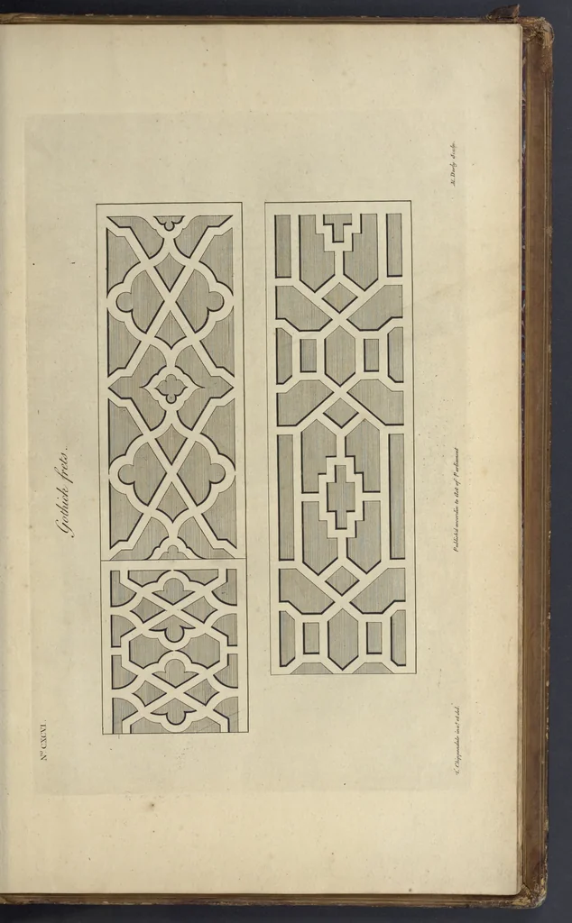 An illustration from The gentleman and cabinet-maker's director : being a large collection of the most elegant and useful designs of household furniture, in the most fashionable taste : including a great variety of chairs, cofas, beds, and couches : china-tables, dressing-tables, shaving-tables, bason-stands, and teakettle-stands : frames for marble-slabs, bureau-dressing-tables, and commodes : writing-tables, and library-tables : library-book-cases, organ-cases for private rooms, or churches, desks, and book-cases : dressing and writing-tables with book-cases, toilets, cabinets, and cloaths-presses : china-cases, china-shelves, and book-shelves : candle-stands, terms for busts, stands for china jars, and pedestals : cisterns for water, lanthorns, and chandeliers : fire-screens, brackets, and clock-cases : pier-glasses, and table-frames : girandoles, chimney-pieces, and picture-frames : stove-grates, boarders, frets, Chinese-railing, and brass-work, for furniture : and other ornaments : to which is prefixed, a short explanation of the five orders of architecture : with proper directions for executing the most difficult pieces, the mouldings being exhibited at large, and the dimensions of each design specified : the whole comprehended in two hundred copper-plates, neatly engraved ..., 1762, leaf 418