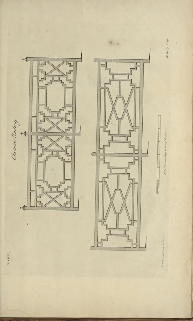 An illustration from The gentleman and cabinet-maker's director : being a large collection of the most elegant and useful designs of household furniture, in the most fashionable taste : including a great variety of chairs, cofas, beds, and couches : china-tables, dressing-tables, shaving-tables, bason-stands, and teakettle-stands : frames for marble-slabs, bureau-dressing-tables, and commodes : writing-tables, and library-tables : library-book-cases, organ-cases for private rooms, or churches, desks, and book-cases : dressing and writing-tables with book-cases, toilets, cabinets, and cloaths-presses : china-cases, china-shelves, and book-shelves : candle-stands, terms for busts, stands for china jars, and pedestals : cisterns for water, lanthorns, and chandeliers : fire-screens, brackets, and clock-cases : pier-glasses, and table-frames : girandoles, chimney-pieces, and picture-frames : stove-grates, boarders, frets, Chinese-railing, and brass-work, for furniture : and other ornaments : to which is prefixed, a short explanation of the five orders of architecture : with proper directions for executing the most difficult pieces, the mouldings being exhibited at large, and the dimensions of each design specified : the whole comprehended in two hundred copper-plates, neatly engraved ..., 1762, leaf 420