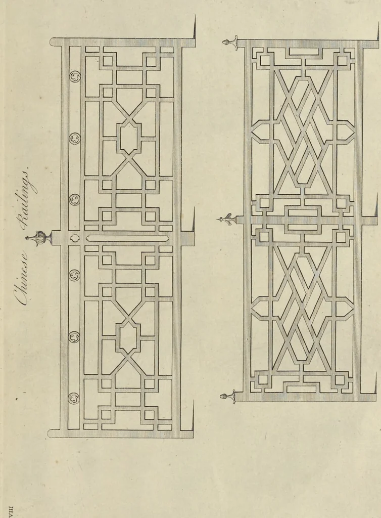 An illustration from The gentleman and cabinet-maker's director : being a large collection of the most elegant and useful designs of household furniture, in the most fashionable taste : including a great variety of chairs, cofas, beds, and couches : china-tables, dressing-tables, shaving-tables, bason-stands, and teakettle-stands : frames for marble-slabs, bureau-dressing-tables, and commodes : writing-tables, and library-tables : library-book-cases, organ-cases for private rooms, or churches, desks, and book-cases : dressing and writing-tables with book-cases, toilets, cabinets, and cloaths-presses : china-cases, china-shelves, and book-shelves : candle-stands, terms for busts, stands for china jars, and pedestals : cisterns for water, lanthorns, and chandeliers : fire-screens, brackets, and clock-cases : pier-glasses, and table-frames : girandoles, chimney-pieces, and picture-frames : stove-grates, boarders, frets, Chinese-railing, and brass-work, for furniture : and other ornaments : to which is prefixed, a short explanation of the five orders of architecture : with proper directions for executing the most difficult pieces, the mouldings being exhibited at large, and the dimensions of each design specified : the whole comprehended in two hundred copper-plates, neatly engraved ..., 1762, leaf 422