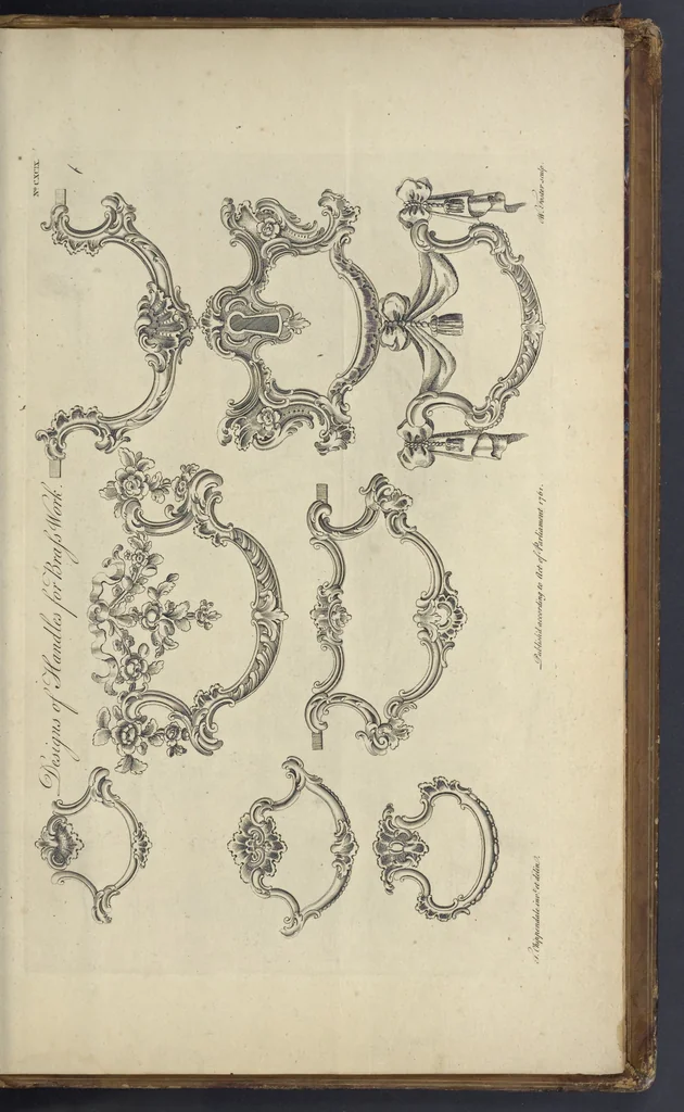 An illustration from The gentleman and cabinet-maker's director : being a large collection of the most elegant and useful designs of household furniture, in the most fashionable taste : including a great variety of chairs, cofas, beds, and couches : china-tables, dressing-tables, shaving-tables, bason-stands, and teakettle-stands : frames for marble-slabs, bureau-dressing-tables, and commodes : writing-tables, and library-tables : library-book-cases, organ-cases for private rooms, or churches, desks, and book-cases : dressing and writing-tables with book-cases, toilets, cabinets, and cloaths-presses : china-cases, china-shelves, and book-shelves : candle-stands, terms for busts, stands for china jars, and pedestals : cisterns for water, lanthorns, and chandeliers : fire-screens, brackets, and clock-cases : pier-glasses, and table-frames : girandoles, chimney-pieces, and picture-frames : stove-grates, boarders, frets, Chinese-railing, and brass-work, for furniture : and other ornaments : to which is prefixed, a short explanation of the five orders of architecture : with proper directions for executing the most difficult pieces, the mouldings being exhibited at large, and the dimensions of each design specified : the whole comprehended in two hundred copper-plates, neatly engraved ..., 1762, leaf 424