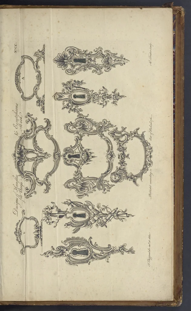 An illustration from The gentleman and cabinet-maker's director : being a large collection of the most elegant and useful designs of household furniture, in the most fashionable taste : including a great variety of chairs, cofas, beds, and couches : china-tables, dressing-tables, shaving-tables, bason-stands, and teakettle-stands : frames for marble-slabs, bureau-dressing-tables, and commodes : writing-tables, and library-tables : library-book-cases, organ-cases for private rooms, or churches, desks, and book-cases : dressing and writing-tables with book-cases, toilets, cabinets, and cloaths-presses : china-cases, china-shelves, and book-shelves : candle-stands, terms for busts, stands for china jars, and pedestals : cisterns for water, lanthorns, and chandeliers : fire-screens, brackets, and clock-cases : pier-glasses, and table-frames : girandoles, chimney-pieces, and picture-frames : stove-grates, boarders, frets, Chinese-railing, and brass-work, for furniture : and other ornaments : to which is prefixed, a short explanation of the five orders of architecture : with proper directions for executing the most difficult pieces, the mouldings being exhibited at large, and the dimensions of each design specified : the whole comprehended in two hundred copper-plates, neatly engraved ..., 1762, leaf 426