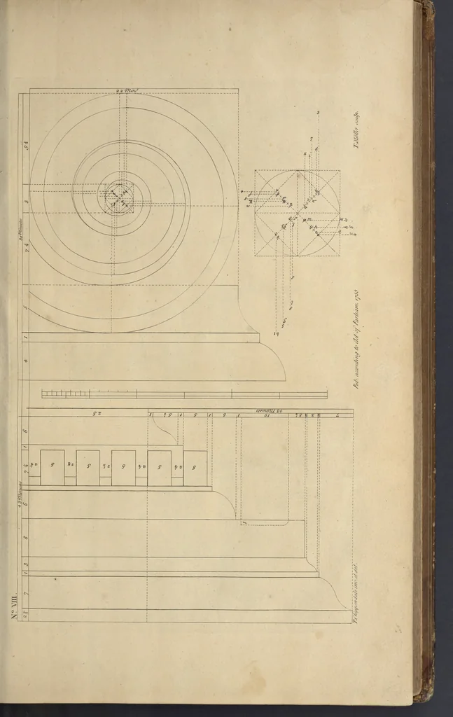 An illustration from The gentleman and cabinet-maker's director : being a large collection of the most elegant and useful designs of household furniture, in the most fashionable taste : including a great variety of chairs, cofas, beds, and couches : china-tables, dressing-tables, shaving-tables, bason-stands, and teakettle-stands : frames for marble-slabs, bureau-dressing-tables, and commodes : writing-tables, and library-tables : library-book-cases, organ-cases for private rooms, or churches, desks, and book-cases : dressing and writing-tables with book-cases, toilets, cabinets, and cloaths-presses : china-cases, china-shelves, and book-shelves : candle-stands, terms for busts, stands for china jars, and pedestals : cisterns for water, lanthorns, and chandeliers : fire-screens, brackets, and clock-cases : pier-glasses, and table-frames : girandoles, chimney-pieces, and picture-frames : stove-grates, boarders, frets, Chinese-railing, and brass-work, for furniture : and other ornaments : to which is prefixed, a short explanation of the five orders of architecture : with proper directions for executing the most difficult pieces, the mouldings being exhibited at large, and the dimensions of each design specified : the whole comprehended in two hundred copper-plates, neatly engraved ..., 1762, leaf 44