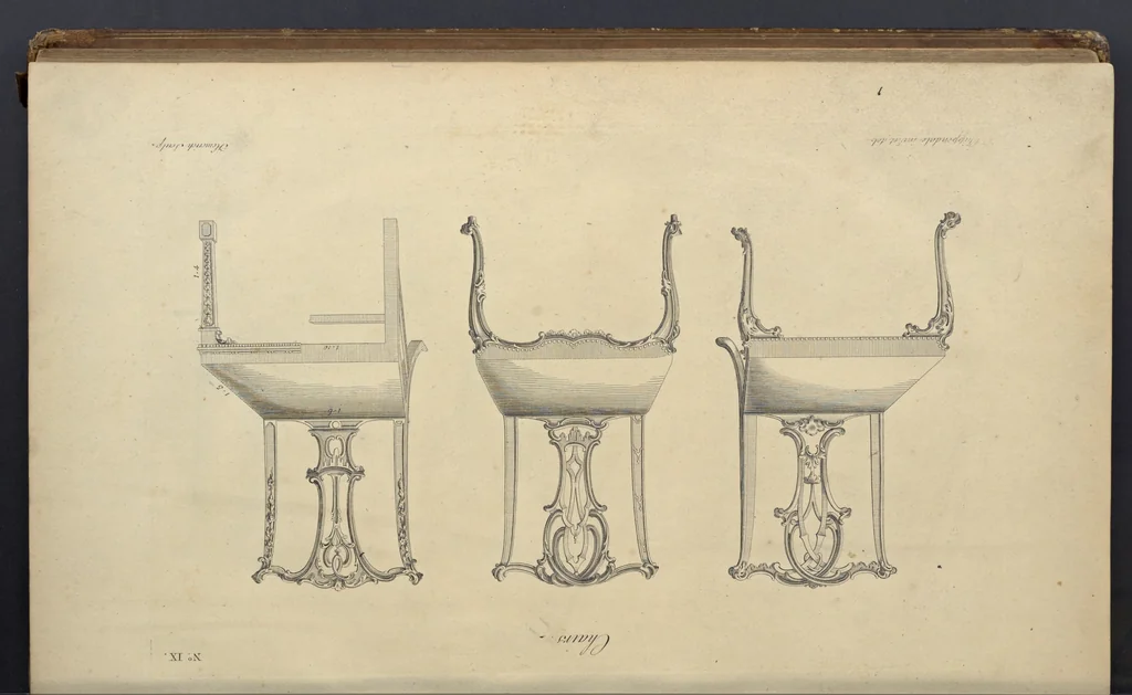 An illustration from The gentleman and cabinet-maker's director : being a large collection of the most elegant and useful designs of household furniture, in the most fashionable taste : including a great variety of chairs, cofas, beds, and couches : china-tables, dressing-tables, shaving-tables, bason-stands, and teakettle-stands : frames for marble-slabs, bureau-dressing-tables, and commodes : writing-tables, and library-tables : library-book-cases, organ-cases for private rooms, or churches, desks, and book-cases : dressing and writing-tables with book-cases, toilets, cabinets, and cloaths-presses : china-cases, china-shelves, and book-shelves : candle-stands, terms for busts, stands for china jars, and pedestals : cisterns for water, lanthorns, and chandeliers : fire-screens, brackets, and clock-cases : pier-glasses, and table-frames : girandoles, chimney-pieces, and picture-frames : stove-grates, boarders, frets, Chinese-railing, and brass-work, for furniture : and other ornaments : to which is prefixed, a short explanation of the five orders of architecture : with proper directions for executing the most difficult pieces, the mouldings being exhibited at large, and the dimensions of each design specified : the whole comprehended in two hundred copper-plates, neatly engraved ..., 1762, leaf 46