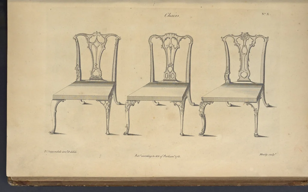 An illustration from The gentleman and cabinet-maker's director : being a large collection of the most elegant and useful designs of household furniture, in the most fashionable taste : including a great variety of chairs, cofas, beds, and couches : china-tables, dressing-tables, shaving-tables, bason-stands, and teakettle-stands : frames for marble-slabs, bureau-dressing-tables, and commodes : writing-tables, and library-tables : library-book-cases, organ-cases for private rooms, or churches, desks, and book-cases : dressing and writing-tables with book-cases, toilets, cabinets, and cloaths-presses : china-cases, china-shelves, and book-shelves : candle-stands, terms for busts, stands for china jars, and pedestals : cisterns for water, lanthorns, and chandeliers : fire-screens, brackets, and clock-cases : pier-glasses, and table-frames : girandoles, chimney-pieces, and picture-frames : stove-grates, boarders, frets, Chinese-railing, and brass-work, for furniture : and other ornaments : to which is prefixed, a short explanation of the five orders of architecture : with proper directions for executing the most difficult pieces, the mouldings being exhibited at large, and the dimensions of each design specified : the whole comprehended in two hundred copper-plates, neatly engraved ..., 1762, leaf 48