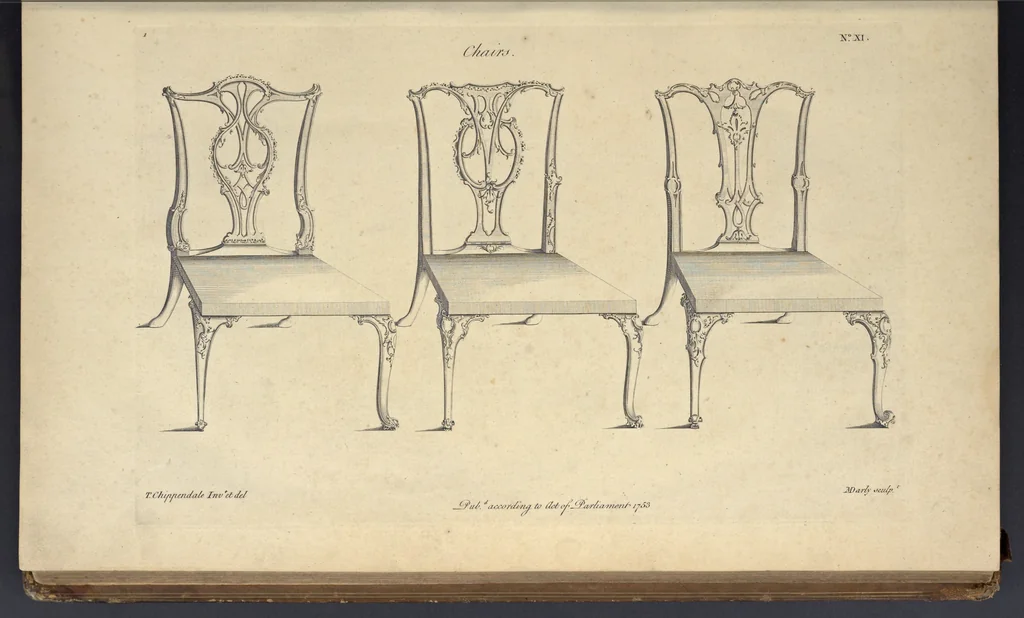 An illustration from The gentleman and cabinet-maker's director : being a large collection of the most elegant and useful designs of household furniture, in the most fashionable taste : including a great variety of chairs, cofas, beds, and couches : china-tables, dressing-tables, shaving-tables, bason-stands, and teakettle-stands : frames for marble-slabs, bureau-dressing-tables, and commodes : writing-tables, and library-tables : library-book-cases, organ-cases for private rooms, or churches, desks, and book-cases : dressing and writing-tables with book-cases, toilets, cabinets, and cloaths-presses : china-cases, china-shelves, and book-shelves : candle-stands, terms for busts, stands for china jars, and pedestals : cisterns for water, lanthorns, and chandeliers : fire-screens, brackets, and clock-cases : pier-glasses, and table-frames : girandoles, chimney-pieces, and picture-frames : stove-grates, boarders, frets, Chinese-railing, and brass-work, for furniture : and other ornaments : to which is prefixed, a short explanation of the five orders of architecture : with proper directions for executing the most difficult pieces, the mouldings being exhibited at large, and the dimensions of each design specified : the whole comprehended in two hundred copper-plates, neatly engraved ..., 1762, leaf 50