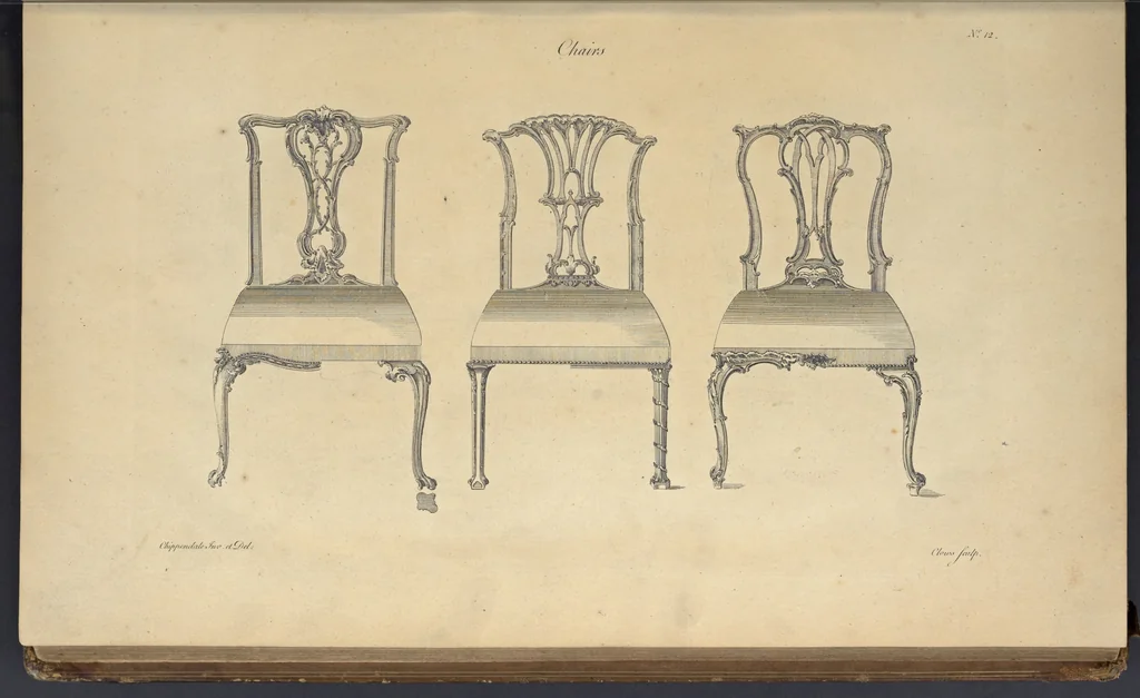 An illustration from The gentleman and cabinet-maker's director : being a large collection of the most elegant and useful designs of household furniture, in the most fashionable taste : including a great variety of chairs, cofas, beds, and couches : china-tables, dressing-tables, shaving-tables, bason-stands, and teakettle-stands : frames for marble-slabs, bureau-dressing-tables, and commodes : writing-tables, and library-tables : library-book-cases, organ-cases for private rooms, or churches, desks, and book-cases : dressing and writing-tables with book-cases, toilets, cabinets, and cloaths-presses : china-cases, china-shelves, and book-shelves : candle-stands, terms for busts, stands for china jars, and pedestals : cisterns for water, lanthorns, and chandeliers : fire-screens, brackets, and clock-cases : pier-glasses, and table-frames : girandoles, chimney-pieces, and picture-frames : stove-grates, boarders, frets, Chinese-railing, and brass-work, for furniture : and other ornaments : to which is prefixed, a short explanation of the five orders of architecture : with proper directions for executing the most difficult pieces, the mouldings being exhibited at large, and the dimensions of each design specified : the whole comprehended in two hundred copper-plates, neatly engraved ..., 1762, leaf 52