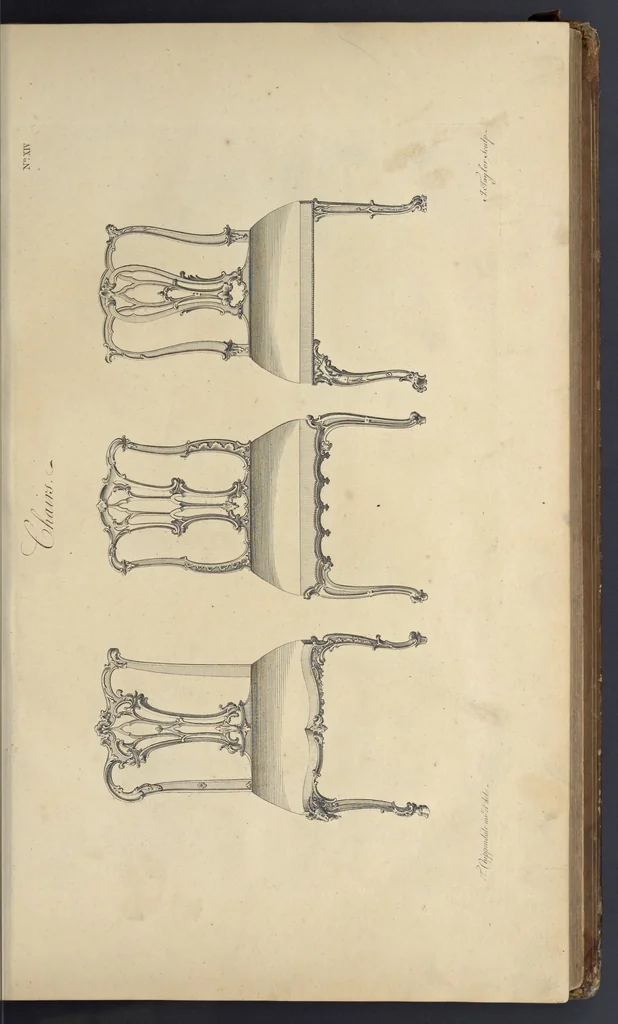 An illustration from The gentleman and cabinet-maker's director : being a large collection of the most elegant and useful designs of household furniture, in the most fashionable taste : including a great variety of chairs, cofas, beds, and couches : china-tables, dressing-tables, shaving-tables, bason-stands, and teakettle-stands : frames for marble-slabs, bureau-dressing-tables, and commodes : writing-tables, and library-tables : library-book-cases, organ-cases for private rooms, or churches, desks, and book-cases : dressing and writing-tables with book-cases, toilets, cabinets, and cloaths-presses : china-cases, china-shelves, and book-shelves : candle-stands, terms for busts, stands for china jars, and pedestals : cisterns for water, lanthorns, and chandeliers : fire-screens, brackets, and clock-cases : pier-glasses, and table-frames : girandoles, chimney-pieces, and picture-frames : stove-grates, boarders, frets, Chinese-railing, and brass-work, for furniture : and other ornaments : to which is prefixed, a short explanation of the five orders of architecture : with proper directions for executing the most difficult pieces, the mouldings being exhibited at large, and the dimensions of each design specified : the whole comprehended in two hundred copper-plates, neatly engraved ..., 1762, leaf 56