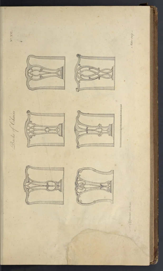An illustration from The gentleman and cabinet-maker's director : being a large collection of the most elegant and useful designs of household furniture, in the most fashionable taste : including a great variety of chairs, cofas, beds, and couches : china-tables, dressing-tables, shaving-tables, bason-stands, and teakettle-stands : frames for marble-slabs, bureau-dressing-tables, and commodes : writing-tables, and library-tables : library-book-cases, organ-cases for private rooms, or churches, desks, and book-cases : dressing and writing-tables with book-cases, toilets, cabinets, and cloaths-presses : china-cases, china-shelves, and book-shelves : candle-stands, terms for busts, stands for china jars, and pedestals : cisterns for water, lanthorns, and chandeliers : fire-screens, brackets, and clock-cases : pier-glasses, and table-frames : girandoles, chimney-pieces, and picture-frames : stove-grates, boarders, frets, Chinese-railing, and brass-work, for furniture : and other ornaments : to which is prefixed, a short explanation of the five orders of architecture : with proper directions for executing the most difficult pieces, the mouldings being exhibited at large, and the dimensions of each design specified : the whole comprehended in two hundred copper-plates, neatly engraved ..., 1762, leaf 60
