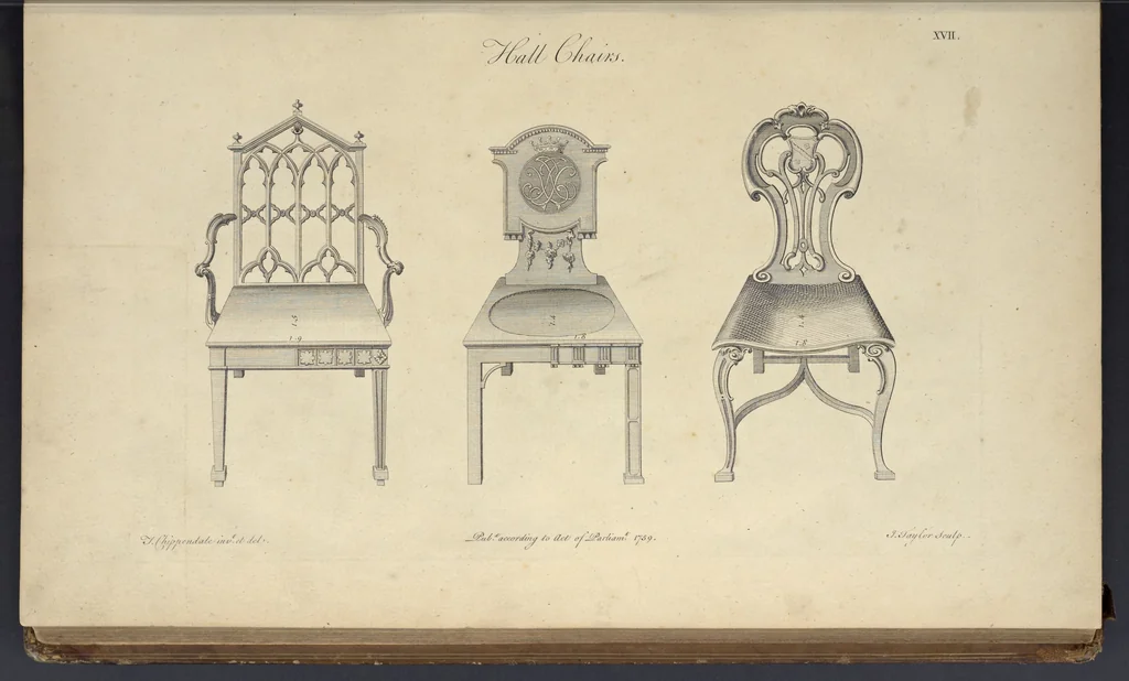 An illustration from The gentleman and cabinet-maker's director : being a large collection of the most elegant and useful designs of household furniture, in the most fashionable taste : including a great variety of chairs, cofas, beds, and couches : china-tables, dressing-tables, shaving-tables, bason-stands, and teakettle-stands : frames for marble-slabs, bureau-dressing-tables, and commodes : writing-tables, and library-tables : library-book-cases, organ-cases for private rooms, or churches, desks, and book-cases : dressing and writing-tables with book-cases, toilets, cabinets, and cloaths-presses : china-cases, china-shelves, and book-shelves : candle-stands, terms for busts, stands for china jars, and pedestals : cisterns for water, lanthorns, and chandeliers : fire-screens, brackets, and clock-cases : pier-glasses, and table-frames : girandoles, chimney-pieces, and picture-frames : stove-grates, boarders, frets, Chinese-railing, and brass-work, for furniture : and other ornaments : to which is prefixed, a short explanation of the five orders of architecture : with proper directions for executing the most difficult pieces, the mouldings being exhibited at large, and the dimensions of each design specified : the whole comprehended in two hundred copper-plates, neatly engraved ..., 1762, leaf 62
