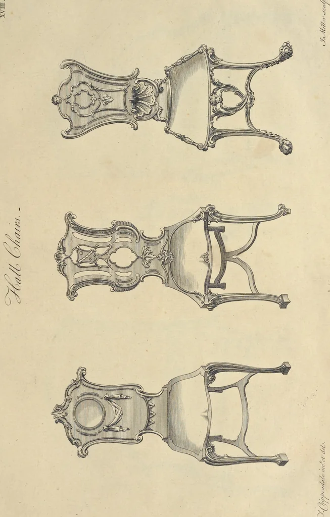 An illustration from The gentleman and cabinet-maker's director : being a large collection of the most elegant and useful designs of household furniture, in the most fashionable taste : including a great variety of chairs, cofas, beds, and couches : china-tables, dressing-tables, shaving-tables, bason-stands, and teakettle-stands : frames for marble-slabs, bureau-dressing-tables, and commodes : writing-tables, and library-tables : library-book-cases, organ-cases for private rooms, or churches, desks, and book-cases : dressing and writing-tables with book-cases, toilets, cabinets, and cloaths-presses : china-cases, china-shelves, and book-shelves : candle-stands, terms for busts, stands for china jars, and pedestals : cisterns for water, lanthorns, and chandeliers : fire-screens, brackets, and clock-cases : pier-glasses, and table-frames : girandoles, chimney-pieces, and picture-frames : stove-grates, boarders, frets, Chinese-railing, and brass-work, for furniture : and other ornaments : to which is prefixed, a short explanation of the five orders of architecture : with proper directions for executing the most difficult pieces, the mouldings being exhibited at large, and the dimensions of each design specified : the whole comprehended in two hundred copper-plates, neatly engraved ..., 1762, leaf 64