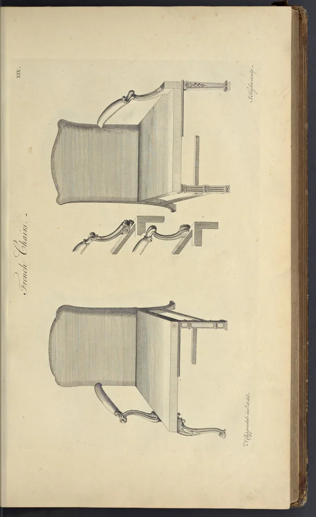 An illustration from The gentleman and cabinet-maker's director : being a large collection of the most elegant and useful designs of household furniture, in the most fashionable taste : including a great variety of chairs, cofas, beds, and couches : china-tables, dressing-tables, shaving-tables, bason-stands, and teakettle-stands : frames for marble-slabs, bureau-dressing-tables, and commodes : writing-tables, and library-tables : library-book-cases, organ-cases for private rooms, or churches, desks, and book-cases : dressing and writing-tables with book-cases, toilets, cabinets, and cloaths-presses : china-cases, china-shelves, and book-shelves : candle-stands, terms for busts, stands for china jars, and pedestals : cisterns for water, lanthorns, and chandeliers : fire-screens, brackets, and clock-cases : pier-glasses, and table-frames : girandoles, chimney-pieces, and picture-frames : stove-grates, boarders, frets, Chinese-railing, and brass-work, for furniture : and other ornaments : to which is prefixed, a short explanation of the five orders of architecture : with proper directions for executing the most difficult pieces, the mouldings being exhibited at large, and the dimensions of each design specified : the whole comprehended in two hundred copper-plates, neatly engraved ..., 1762, leaf 66