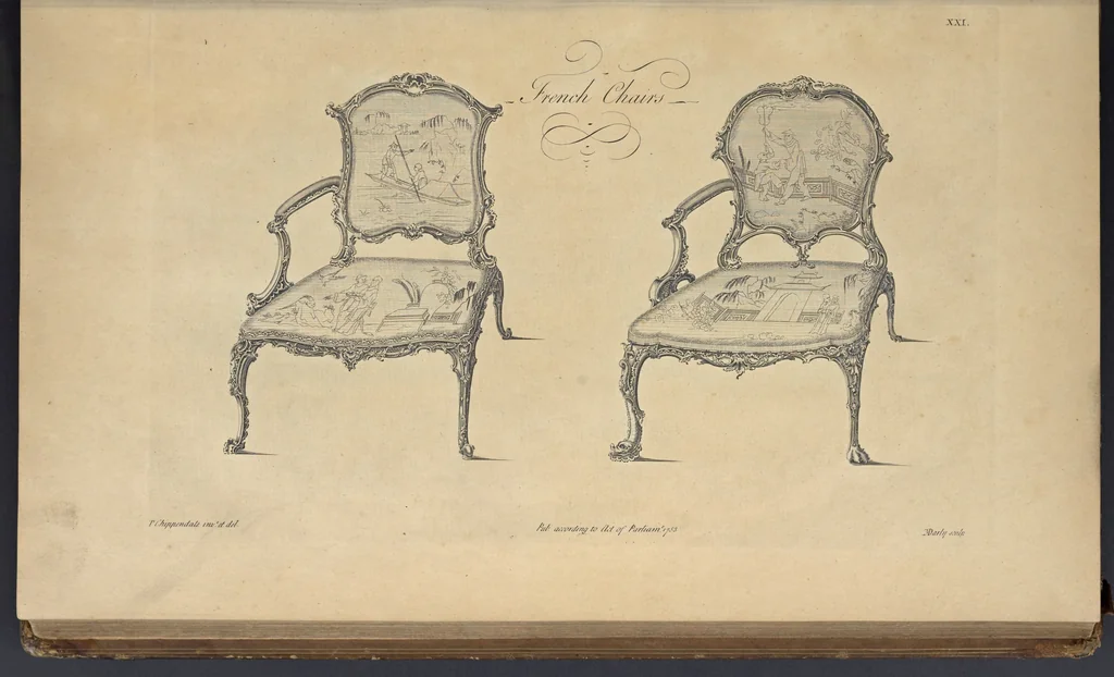 An illustration from The gentleman and cabinet-maker's director : being a large collection of the most elegant and useful designs of household furniture, in the most fashionable taste : including a great variety of chairs, cofas, beds, and couches : china-tables, dressing-tables, shaving-tables, bason-stands, and teakettle-stands : frames for marble-slabs, bureau-dressing-tables, and commodes : writing-tables, and library-tables : library-book-cases, organ-cases for private rooms, or churches, desks, and book-cases : dressing and writing-tables with book-cases, toilets, cabinets, and cloaths-presses : china-cases, china-shelves, and book-shelves : candle-stands, terms for busts, stands for china jars, and pedestals : cisterns for water, lanthorns, and chandeliers : fire-screens, brackets, and clock-cases : pier-glasses, and table-frames : girandoles, chimney-pieces, and picture-frames : stove-grates, boarders, frets, Chinese-railing, and brass-work, for furniture : and other ornaments : to which is prefixed, a short explanation of the five orders of architecture : with proper directions for executing the most difficult pieces, the mouldings being exhibited at large, and the dimensions of each design specified : the whole comprehended in two hundred copper-plates, neatly engraved ..., 1762, leaf 70