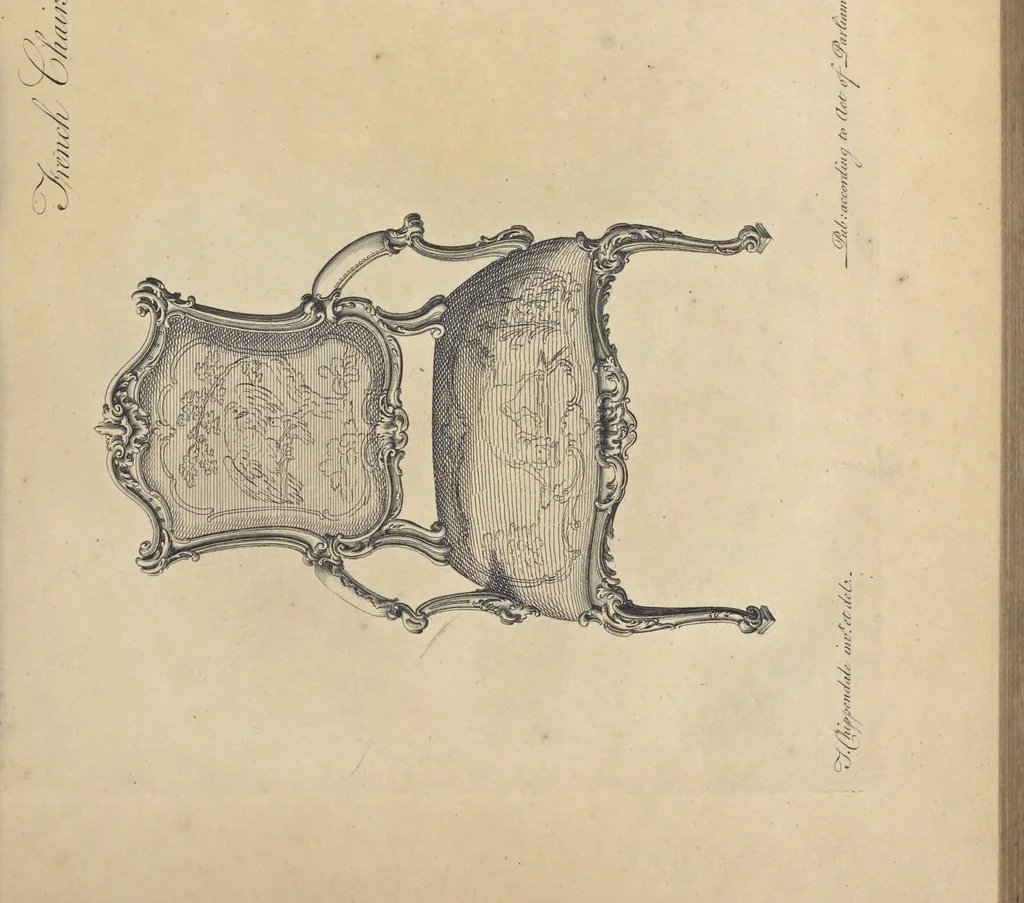 An illustration from The gentleman and cabinet-maker's director : being a large collection of the most elegant and useful designs of household furniture, in the most fashionable taste : including a great variety of chairs, cofas, beds, and couches : china-tables, dressing-tables, shaving-tables, bason-stands, and teakettle-stands : frames for marble-slabs, bureau-dressing-tables, and commodes : writing-tables, and library-tables : library-book-cases, organ-cases for private rooms, or churches, desks, and book-cases : dressing and writing-tables with book-cases, toilets, cabinets, and cloaths-presses : china-cases, china-shelves, and book-shelves : candle-stands, terms for busts, stands for china jars, and pedestals : cisterns for water, lanthorns, and chandeliers : fire-screens, brackets, and clock-cases : pier-glasses, and table-frames : girandoles, chimney-pieces, and picture-frames : stove-grates, boarders, frets, Chinese-railing, and brass-work, for furniture : and other ornaments : to which is prefixed, a short explanation of the five orders of architecture : with proper directions for executing the most difficult pieces, the mouldings being exhibited at large, and the dimensions of each design specified : the whole comprehended in two hundred copper-plates, neatly engraved ..., 1762, leaf 72