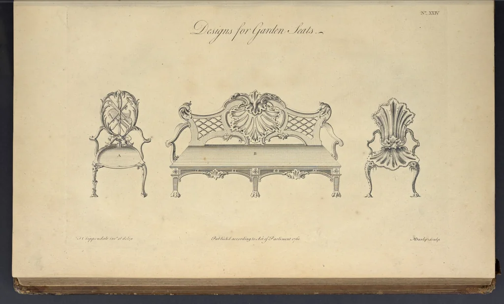 An illustration from The gentleman and cabinet-maker's director : being a large collection of the most elegant and useful designs of household furniture, in the most fashionable taste : including a great variety of chairs, cofas, beds, and couches : china-tables, dressing-tables, shaving-tables, bason-stands, and teakettle-stands : frames for marble-slabs, bureau-dressing-tables, and commodes : writing-tables, and library-tables : library-book-cases, organ-cases for private rooms, or churches, desks, and book-cases : dressing and writing-tables with book-cases, toilets, cabinets, and cloaths-presses : china-cases, china-shelves, and book-shelves : candle-stands, terms for busts, stands for china jars, and pedestals : cisterns for water, lanthorns, and chandeliers : fire-screens, brackets, and clock-cases : pier-glasses, and table-frames : girandoles, chimney-pieces, and picture-frames : stove-grates, boarders, frets, Chinese-railing, and brass-work, for furniture : and other ornaments : to which is prefixed, a short explanation of the five orders of architecture : with proper directions for executing the most difficult pieces, the mouldings being exhibited at large, and the dimensions of each design specified : the whole comprehended in two hundred copper-plates, neatly engraved ..., 1762, leaf 74