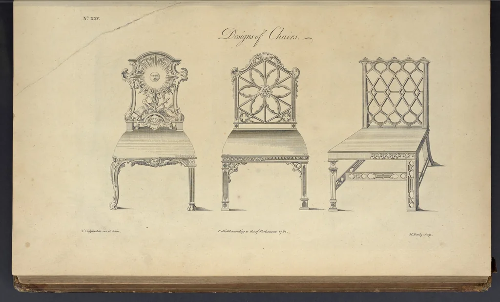 An illustration from The gentleman and cabinet-maker's director : being a large collection of the most elegant and useful designs of household furniture, in the most fashionable taste : including a great variety of chairs, cofas, beds, and couches : china-tables, dressing-tables, shaving-tables, bason-stands, and teakettle-stands : frames for marble-slabs, bureau-dressing-tables, and commodes : writing-tables, and library-tables : library-book-cases, organ-cases for private rooms, or churches, desks, and book-cases : dressing and writing-tables with book-cases, toilets, cabinets, and cloaths-presses : china-cases, china-shelves, and book-shelves : candle-stands, terms for busts, stands for china jars, and pedestals : cisterns for water, lanthorns, and chandeliers : fire-screens, brackets, and clock-cases : pier-glasses, and table-frames : girandoles, chimney-pieces, and picture-frames : stove-grates, boarders, frets, Chinese-railing, and brass-work, for furniture : and other ornaments : to which is prefixed, a short explanation of the five orders of architecture : with proper directions for executing the most difficult pieces, the mouldings being exhibited at large, and the dimensions of each design specified : the whole comprehended in two hundred copper-plates, neatly engraved ..., 1762, leaf 76