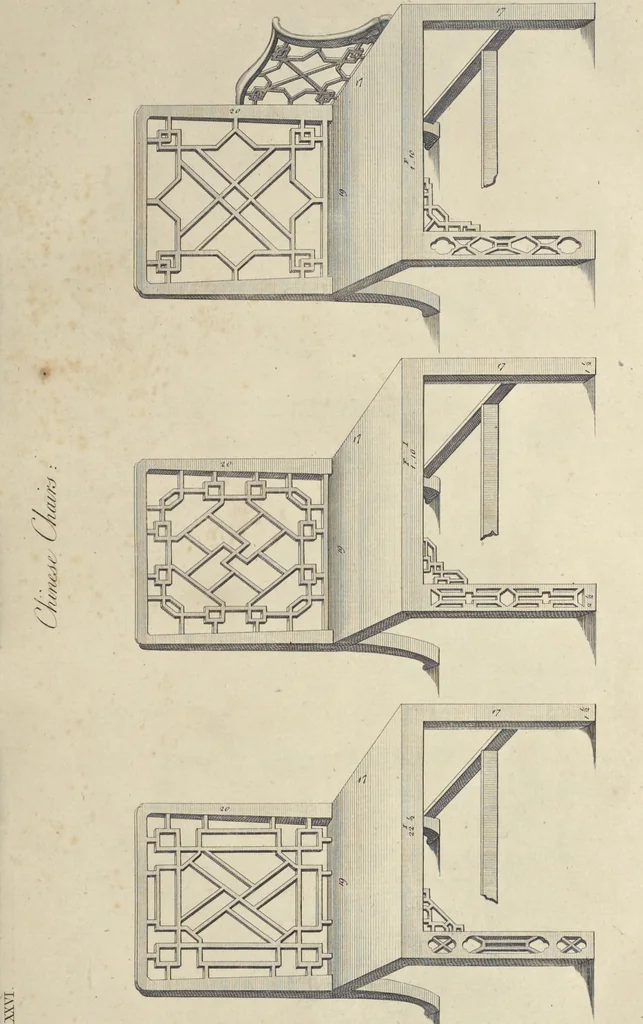 An illustration from The gentleman and cabinet-maker's director : being a large collection of the most elegant and useful designs of household furniture, in the most fashionable taste : including a great variety of chairs, cofas, beds, and couches : china-tables, dressing-tables, shaving-tables, bason-stands, and teakettle-stands : frames for marble-slabs, bureau-dressing-tables, and commodes : writing-tables, and library-tables : library-book-cases, organ-cases for private rooms, or churches, desks, and book-cases : dressing and writing-tables with book-cases, toilets, cabinets, and cloaths-presses : china-cases, china-shelves, and book-shelves : candle-stands, terms for busts, stands for china jars, and pedestals : cisterns for water, lanthorns, and chandeliers : fire-screens, brackets, and clock-cases : pier-glasses, and table-frames : girandoles, chimney-pieces, and picture-frames : stove-grates, boarders, frets, Chinese-railing, and brass-work, for furniture : and other ornaments : to which is prefixed, a short explanation of the five orders of architecture : with proper directions for executing the most difficult pieces, the mouldings being exhibited at large, and the dimensions of each design specified : the whole comprehended in two hundred copper-plates, neatly engraved ..., 1762, leaf 78
