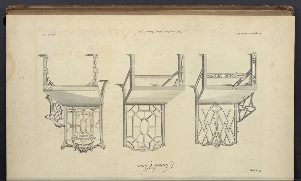 An illustration from The gentleman and cabinet-maker's director : being a large collection of the most elegant and useful designs of household furniture, in the most fashionable taste : including a great variety of chairs, cofas, beds, and couches : china-tables, dressing-tables, shaving-tables, bason-stands, and teakettle-stands : frames for marble-slabs, bureau-dressing-tables, and commodes : writing-tables, and library-tables : library-book-cases, organ-cases for private rooms, or churches, desks, and book-cases : dressing and writing-tables with book-cases, toilets, cabinets, and cloaths-presses : china-cases, china-shelves, and book-shelves : candle-stands, terms for busts, stands for china jars, and pedestals : cisterns for water, lanthorns, and chandeliers : fire-screens, brackets, and clock-cases : pier-glasses, and table-frames : girandoles, chimney-pieces, and picture-frames : stove-grates, boarders, frets, Chinese-railing, and brass-work, for furniture : and other ornaments : to which is prefixed, a short explanation of the five orders of architecture : with proper directions for executing the most difficult pieces, the mouldings being exhibited at large, and the dimensions of each design specified : the whole comprehended in two hundred copper-plates, neatly engraved ..., 1762, leaf 80