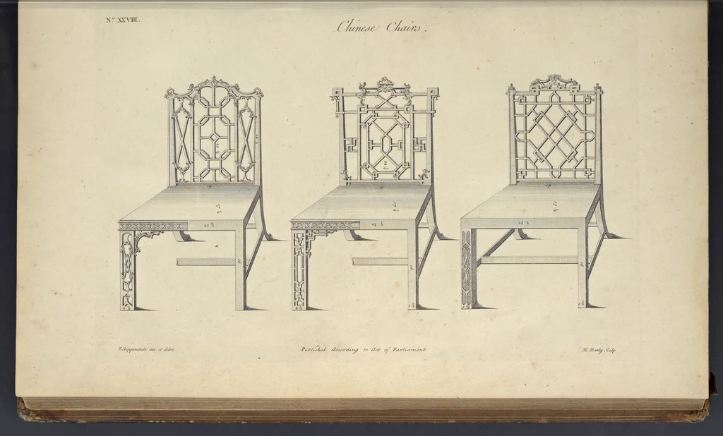 An illustration from The gentleman and cabinet-maker's director : being a large collection of the most elegant and useful designs of household furniture, in the most fashionable taste : including a great variety of chairs, cofas, beds, and couches : china-tables, dressing-tables, shaving-tables, bason-stands, and teakettle-stands : frames for marble-slabs, bureau-dressing-tables, and commodes : writing-tables, and library-tables : library-book-cases, organ-cases for private rooms, or churches, desks, and book-cases : dressing and writing-tables with book-cases, toilets, cabinets, and cloaths-presses : china-cases, china-shelves, and book-shelves : candle-stands, terms for busts, stands for china jars, and pedestals : cisterns for water, lanthorns, and chandeliers : fire-screens, brackets, and clock-cases : pier-glasses, and table-frames : girandoles, chimney-pieces, and picture-frames : stove-grates, boarders, frets, Chinese-railing, and brass-work, for furniture : and other ornaments : to which is prefixed, a short explanation of the five orders of architecture : with proper directions for executing the most difficult pieces, the mouldings being exhibited at large, and the dimensions of each design specified : the whole comprehended in two hundred copper-plates, neatly engraved ..., 1762, leaf 82