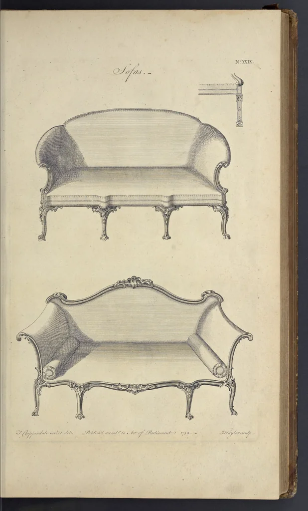 An illustration from The gentleman and cabinet-maker's director : being a large collection of the most elegant and useful designs of household furniture, in the most fashionable taste : including a great variety of chairs, cofas, beds, and couches : china-tables, dressing-tables, shaving-tables, bason-stands, and teakettle-stands : frames for marble-slabs, bureau-dressing-tables, and commodes : writing-tables, and library-tables : library-book-cases, organ-cases for private rooms, or churches, desks, and book-cases : dressing and writing-tables with book-cases, toilets, cabinets, and cloaths-presses : china-cases, china-shelves, and book-shelves : candle-stands, terms for busts, stands for china jars, and pedestals : cisterns for water, lanthorns, and chandeliers : fire-screens, brackets, and clock-cases : pier-glasses, and table-frames : girandoles, chimney-pieces, and picture-frames : stove-grates, boarders, frets, Chinese-railing, and brass-work, for furniture : and other ornaments : to which is prefixed, a short explanation of the five orders of architecture : with proper directions for executing the most difficult pieces, the mouldings being exhibited at large, and the dimensions of each design specified : the whole comprehended in two hundred copper-plates, neatly engraved ..., 1762, leaf 84
