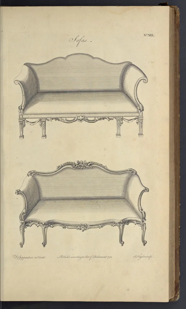 An illustration from The gentleman and cabinet-maker's director : being a large collection of the most elegant and useful designs of household furniture, in the most fashionable taste : including a great variety of chairs, cofas, beds, and couches : china-tables, dressing-tables, shaving-tables, bason-stands, and teakettle-stands : frames for marble-slabs, bureau-dressing-tables, and commodes : writing-tables, and library-tables : library-book-cases, organ-cases for private rooms, or churches, desks, and book-cases : dressing and writing-tables with book-cases, toilets, cabinets, and cloaths-presses : china-cases, china-shelves, and book-shelves : candle-stands, terms for busts, stands for china jars, and pedestals : cisterns for water, lanthorns, and chandeliers : fire-screens, brackets, and clock-cases : pier-glasses, and table-frames : girandoles, chimney-pieces, and picture-frames : stove-grates, boarders, frets, Chinese-railing, and brass-work, for furniture : and other ornaments : to which is prefixed, a short explanation of the five orders of architecture : with proper directions for executing the most difficult pieces, the mouldings being exhibited at large, and the dimensions of each design specified : the whole comprehended in two hundred copper-plates, neatly engraved ..., 1762, leaf 86
