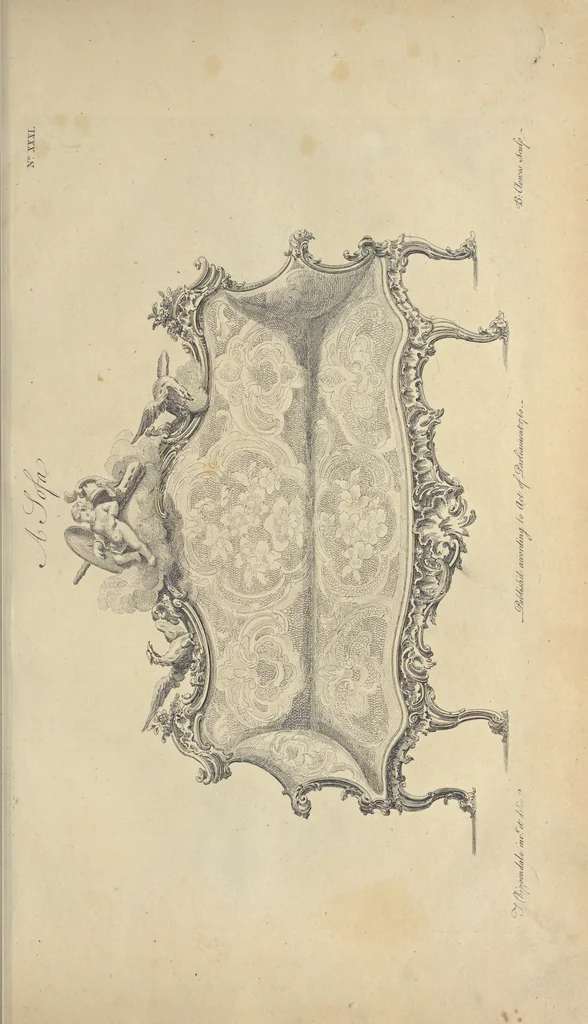 An illustration from The gentleman and cabinet-maker's director : being a large collection of the most elegant and useful designs of household furniture, in the most fashionable taste : including a great variety of chairs, cofas, beds, and couches : china-tables, dressing-tables, shaving-tables, bason-stands, and teakettle-stands : frames for marble-slabs, bureau-dressing-tables, and commodes : writing-tables, and library-tables : library-book-cases, organ-cases for private rooms, or churches, desks, and book-cases : dressing and writing-tables with book-cases, toilets, cabinets, and cloaths-presses : china-cases, china-shelves, and book-shelves : candle-stands, terms for busts, stands for china jars, and pedestals : cisterns for water, lanthorns, and chandeliers : fire-screens, brackets, and clock-cases : pier-glasses, and table-frames : girandoles, chimney-pieces, and picture-frames : stove-grates, boarders, frets, Chinese-railing, and brass-work, for furniture : and other ornaments : to which is prefixed, a short explanation of the five orders of architecture : with proper directions for executing the most difficult pieces, the mouldings being exhibited at large, and the dimensions of each design specified : the whole comprehended in two hundred copper-plates, neatly engraved ..., 1762, leaf 88