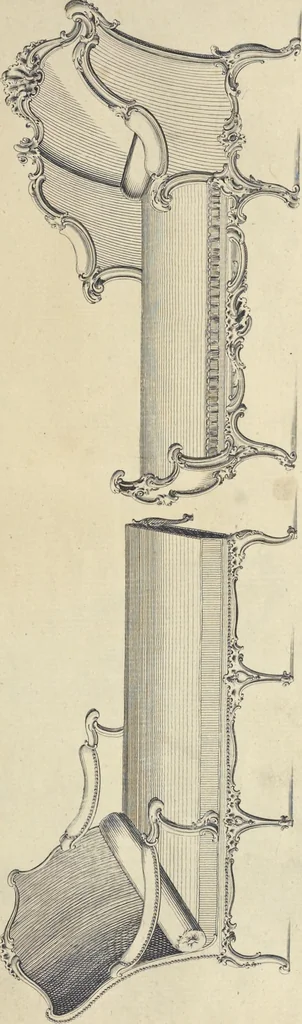 An illustration from The gentleman and cabinet-maker's director : being a large collection of the most elegant and useful designs of household furniture, in the most fashionable taste : including a great variety of chairs, cofas, beds, and couches : china-tables, dressing-tables, shaving-tables, bason-stands, and teakettle-stands : frames for marble-slabs, bureau-dressing-tables, and commodes : writing-tables, and library-tables : library-book-cases, organ-cases for private rooms, or churches, desks, and book-cases : dressing and writing-tables with book-cases, toilets, cabinets, and cloaths-presses : china-cases, china-shelves, and book-shelves : candle-stands, terms for busts, stands for china jars, and pedestals : cisterns for water, lanthorns, and chandeliers : fire-screens, brackets, and clock-cases : pier-glasses, and table-frames : girandoles, chimney-pieces, and picture-frames : stove-grates, boarders, frets, Chinese-railing, and brass-work, for furniture : and other ornaments : to which is prefixed, a short explanation of the five orders of architecture : with proper directions for executing the most difficult pieces, the mouldings being exhibited at large, and the dimensions of each design specified : the whole comprehended in two hundred copper-plates, neatly engraved ..., 1762, leaf 90