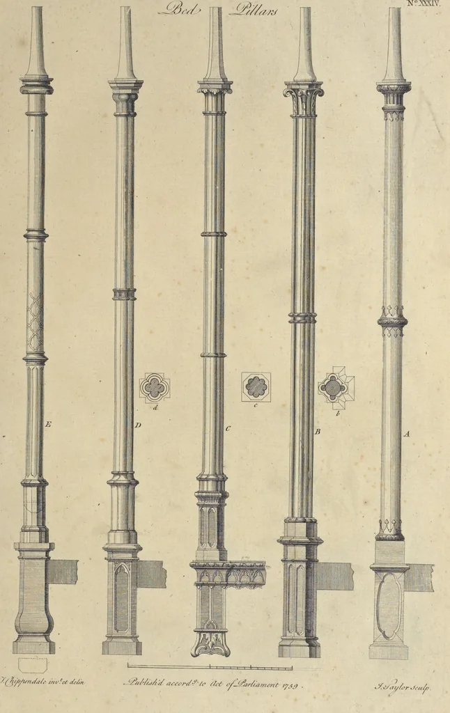 An illustration from The gentleman and cabinet-maker's director : being a large collection of the most elegant and useful designs of household furniture, in the most fashionable taste : including a great variety of chairs, cofas, beds, and couches : china-tables, dressing-tables, shaving-tables, bason-stands, and teakettle-stands : frames for marble-slabs, bureau-dressing-tables, and commodes : writing-tables, and library-tables : library-book-cases, organ-cases for private rooms, or churches, desks, and book-cases : dressing and writing-tables with book-cases, toilets, cabinets, and cloaths-presses : china-cases, china-shelves, and book-shelves : candle-stands, terms for busts, stands for china jars, and pedestals : cisterns for water, lanthorns, and chandeliers : fire-screens, brackets, and clock-cases : pier-glasses, and table-frames : girandoles, chimney-pieces, and picture-frames : stove-grates, boarders, frets, Chinese-railing, and brass-work, for furniture : and other ornaments : to which is prefixed, a short explanation of the five orders of architecture : with proper directions for executing the most difficult pieces, the mouldings being exhibited at large, and the dimensions of each design specified : the whole comprehended in two hundred copper-plates, neatly engraved ..., 1762, leaf 94
