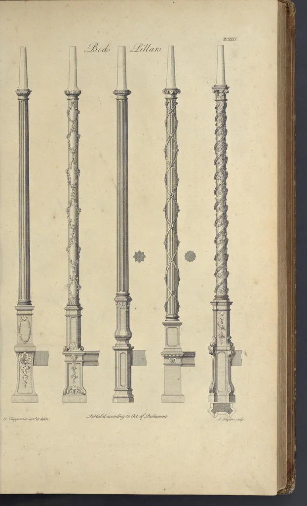 An illustration from The gentleman and cabinet-maker's director : being a large collection of the most elegant and useful designs of household furniture, in the most fashionable taste : including a great variety of chairs, cofas, beds, and couches : china-tables, dressing-tables, shaving-tables, bason-stands, and teakettle-stands : frames for marble-slabs, bureau-dressing-tables, and commodes : writing-tables, and library-tables : library-book-cases, organ-cases for private rooms, or churches, desks, and book-cases : dressing and writing-tables with book-cases, toilets, cabinets, and cloaths-presses : china-cases, china-shelves, and book-shelves : candle-stands, terms for busts, stands for china jars, and pedestals : cisterns for water, lanthorns, and chandeliers : fire-screens, brackets, and clock-cases : pier-glasses, and table-frames : girandoles, chimney-pieces, and picture-frames : stove-grates, boarders, frets, Chinese-railing, and brass-work, for furniture : and other ornaments : to which is prefixed, a short explanation of the five orders of architecture : with proper directions for executing the most difficult pieces, the mouldings being exhibited at large, and the dimensions of each design specified : the whole comprehended in two hundred copper-plates, neatly engraved ..., 1762, leaf 96