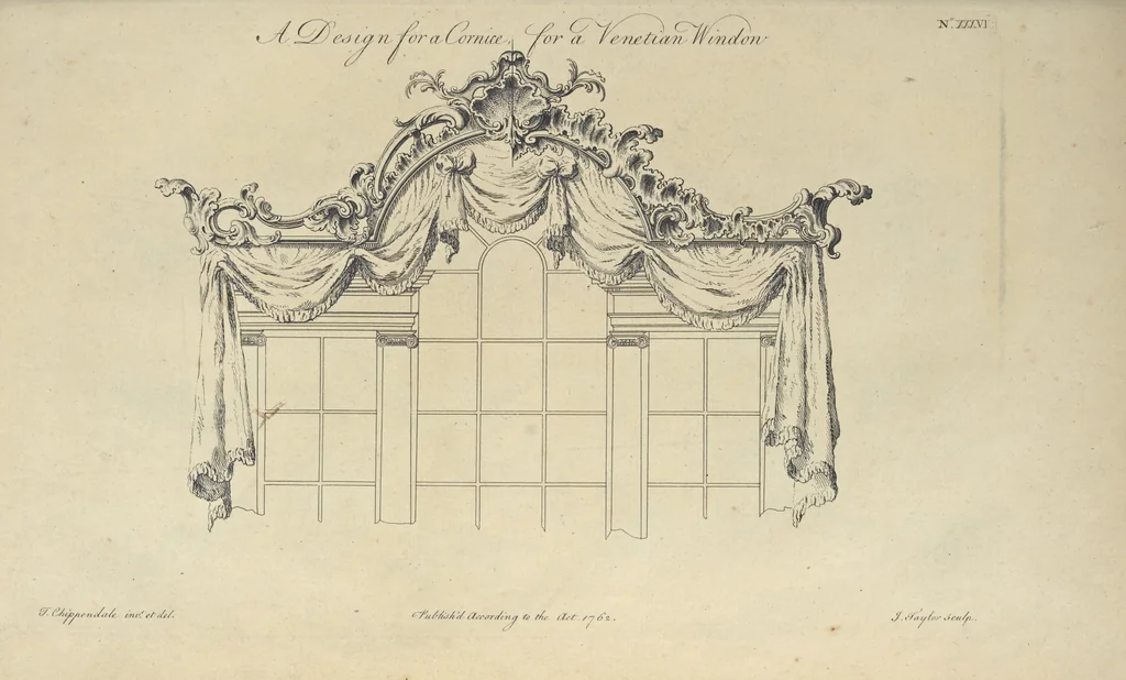 An illustration from The gentleman and cabinet-maker's director : being a large collection of the most elegant and useful designs of household furniture, in the most fashionable taste : including a great variety of chairs, cofas, beds, and couches : china-tables, dressing-tables, shaving-tables, bason-stands, and teakettle-stands : frames for marble-slabs, bureau-dressing-tables, and commodes : writing-tables, and library-tables : library-book-cases, organ-cases for private rooms, or churches, desks, and book-cases : dressing and writing-tables with book-cases, toilets, cabinets, and cloaths-presses : china-cases, china-shelves, and book-shelves : candle-stands, terms for busts, stands for china jars, and pedestals : cisterns for water, lanthorns, and chandeliers : fire-screens, brackets, and clock-cases : pier-glasses, and table-frames : girandoles, chimney-pieces, and picture-frames : stove-grates, boarders, frets, Chinese-railing, and brass-work, for furniture : and other ornaments : to which is prefixed, a short explanation of the five orders of architecture : with proper directions for executing the most difficult pieces, the mouldings being exhibited at large, and the dimensions of each design specified : the whole comprehended in two hundred copper-plates, neatly engraved ..., 1762, leaf 98