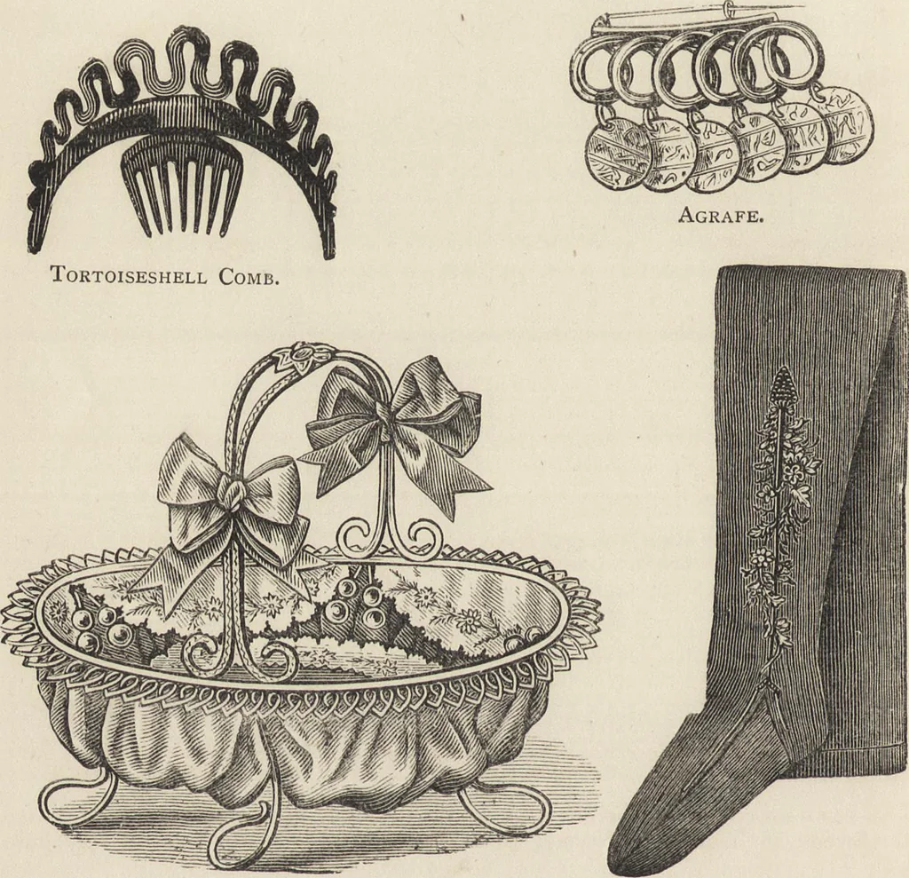 An illustration from Beeton's housewife's treasury of domestic information : comprising complete and practical instructions on the house and its furniture, artistic decoration economy, toilet, children, etiquette, domestic and fancy needlework, dressmaking and millinery, and all other household matters : with every requisite direction to secure the comfort, elegance, and prosperity of the home : a companion volume to "Mrs. Beeton's book of household management" : profusely illustrated, 1879, leaf 603