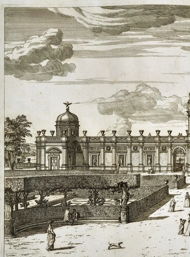 An illustration from Villa Pamphilia : eiusque palatium, cum suis prospectibus, statuae, fontes, vivaria, theatra, areolae, plantarum, viarumque ordines, cum eiusdem villae absoluta delineatione, 1650, leaf 161