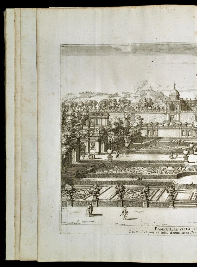 An illustration from Villa Pamphilia : eiusque palatium, cum suis prospectibus, statuae, fontes, vivaria, theatra, areolae, plantarum, viarumque ordines, cum eiusdem villae absoluta delineatione, 1650, leaf 165